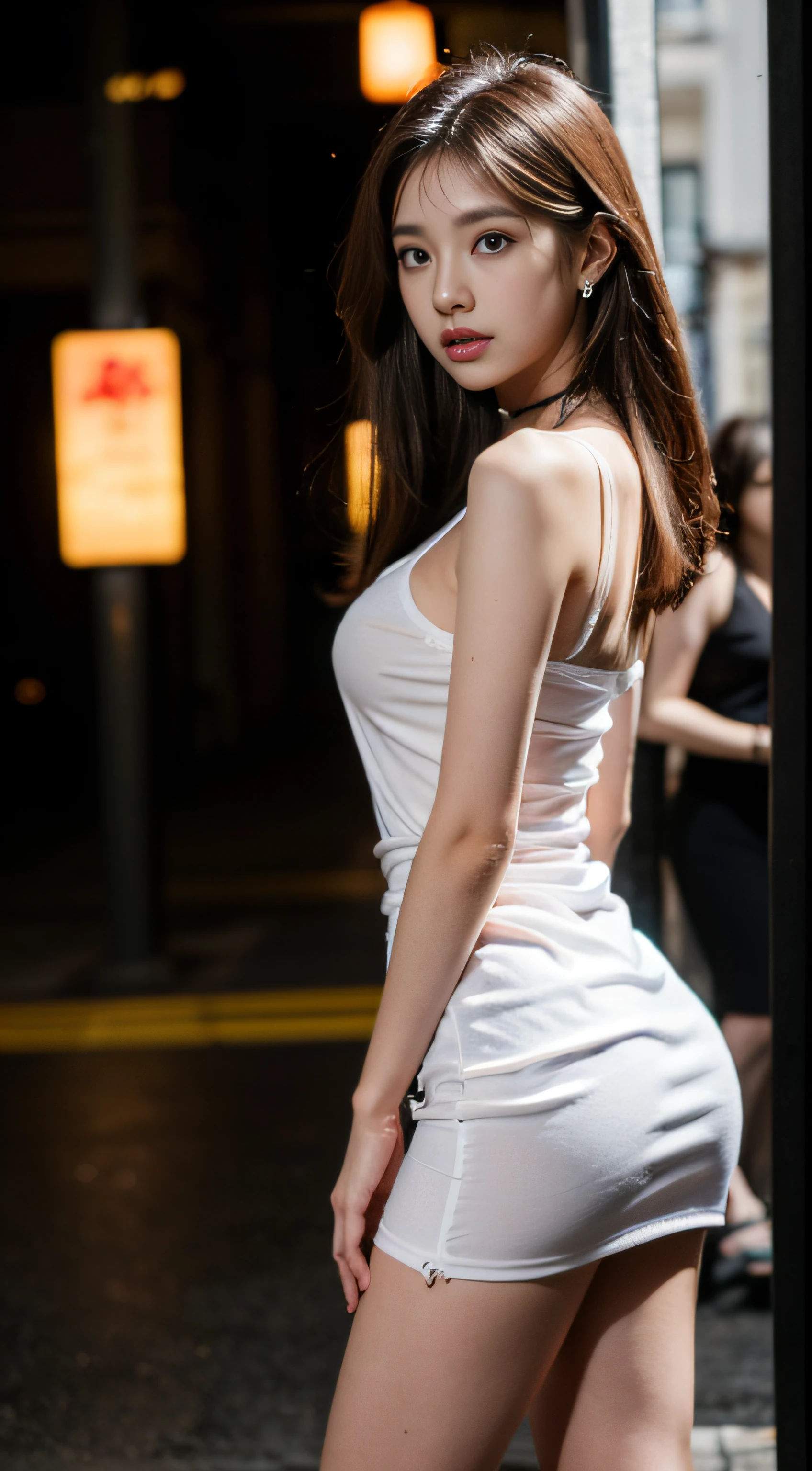 8K,tmasterpiece,RAW Photos,best qualtiy,detaileds:1.2),hentail realism,Highly detailed CG unification 8K,8K,Diamonds and wallpapers,depth of fields,Movie Film Light,Lens Flash,light tracking,(Very Clean Face,Beautiful lips,beautidful eyes),intricate detail face,((super-detaild skin))1girll,Korean Female Model,Dark night in the dark,deepshadow,Pretty Korean girl,Kpop Idol,(very slim and slender muscular body:1.3),(View your audience),(tight miniskirt),(Red dress),(Injection sleeve),(City Night,(Neon Light Sign),(the night),Beautiful Korean Girl Earrings,bangle,choker necklace,Knitted pantyhose,Clear eyes,Walk,(paleskin),Face forward,(largeeyes),((upperbody shot)),tight dresses,Silk dress,Lace-up dress,see through dress,Turning around,Backshots,Very slim,slander,slander