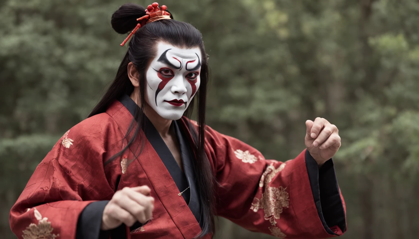 Kabukiza,Kabuki actor,ember,male people,Kime Pose,Long hair,Scary face,The background is the stage,a cool,realisitic,a picture,The whole body is in it,