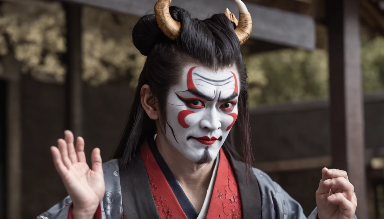 Kabukiza,Kabuki actor,ember,male people,Kime Pose,Long hair,Scary face,The background is the stage,a cool,realisitic,a picture,The whole body is in it,
