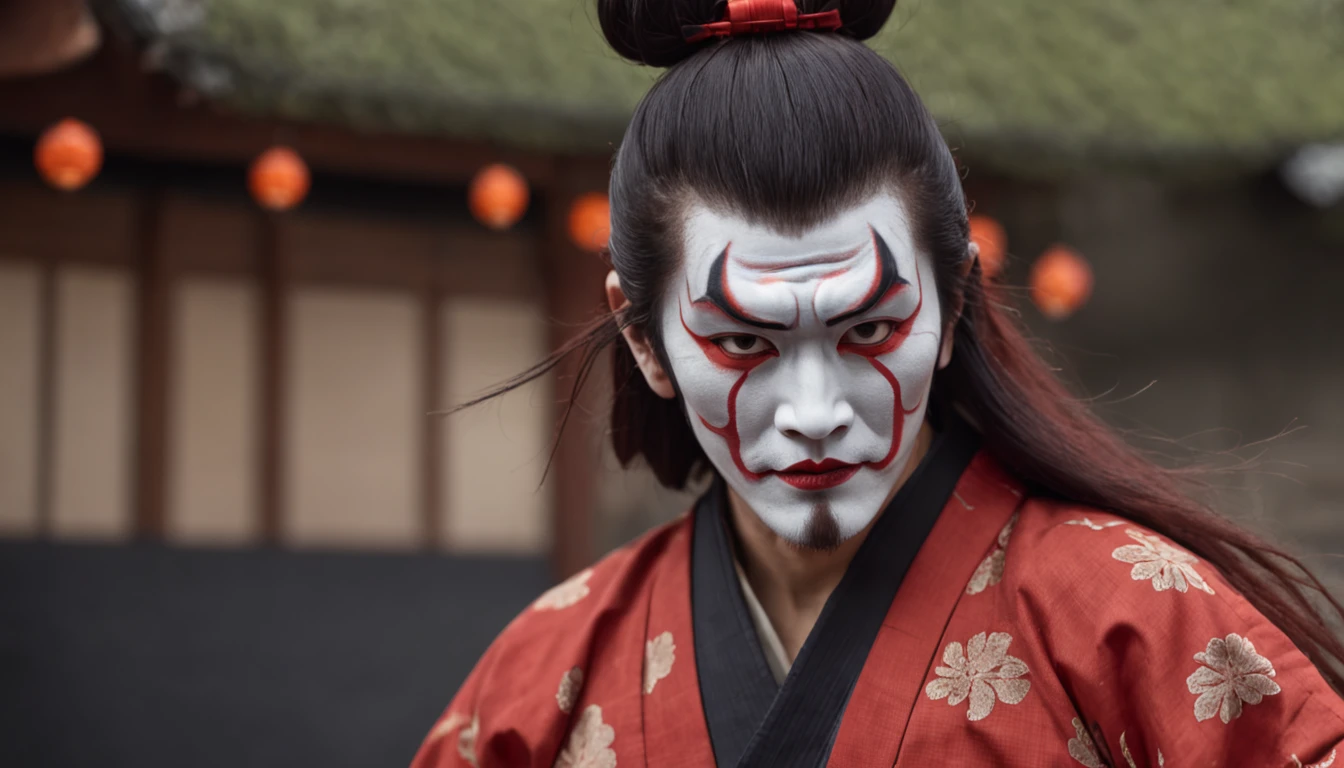 Kabukiza,Kabuki actor,ember,male people,Kime Pose,Long hair,Scary face,The background is the stage,a cool,realisitic,a picture,The whole body is in it,