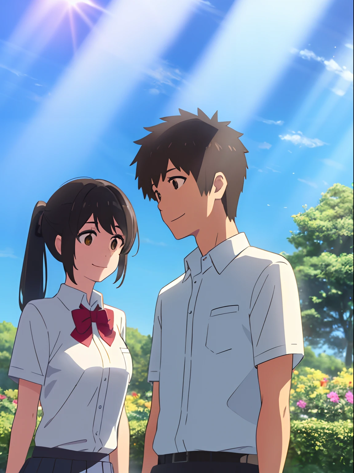 miyamizu_mitsuha,(upper body),(smile),yellow school uniform, white shirt, black school skirt, outdoors,(light rays:1.2),(sun:1.2),(blue sky:1.1), park,flowers,lawn,trees,