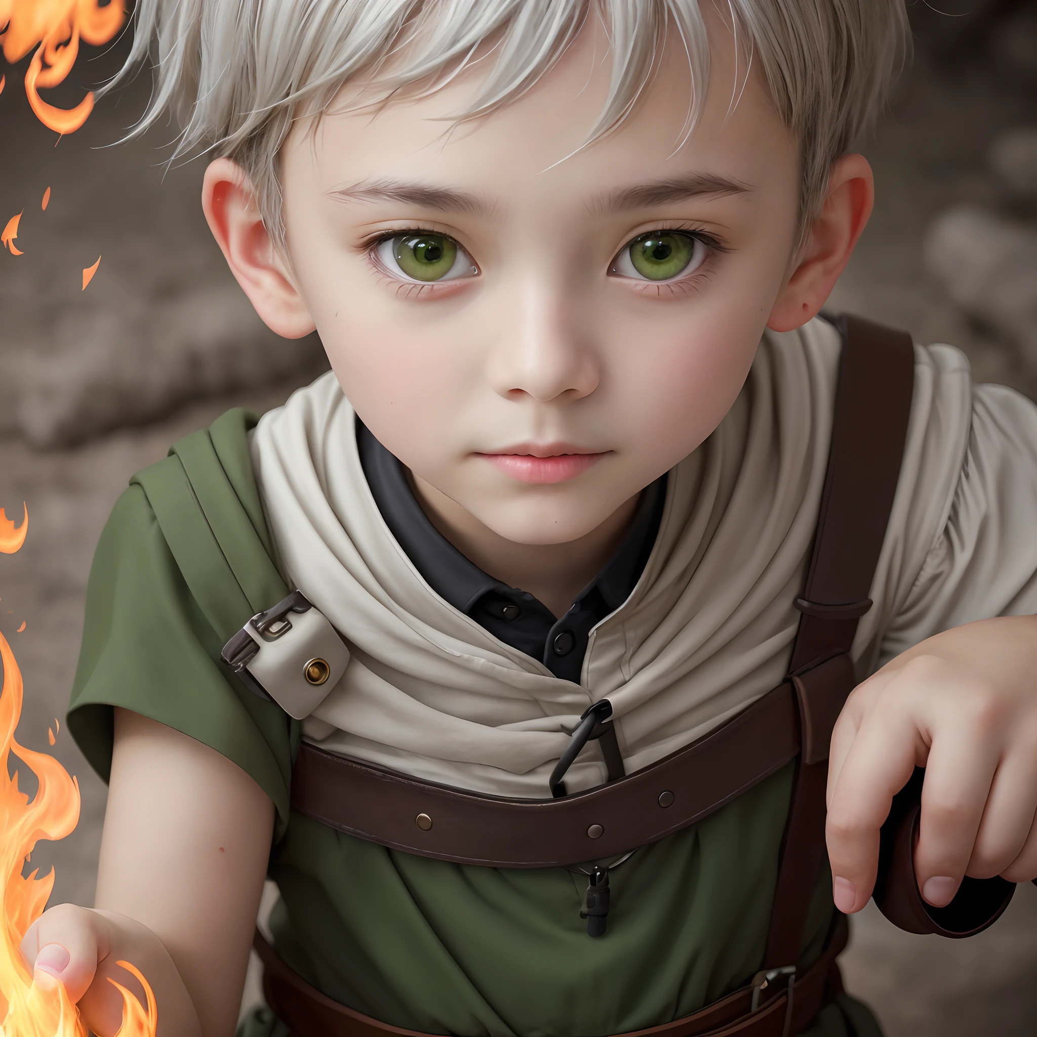 High detail, clarity, 8kk, , 10 years oay hair, short haircut, green eyes, fire everywhere, realism, fantasy,
