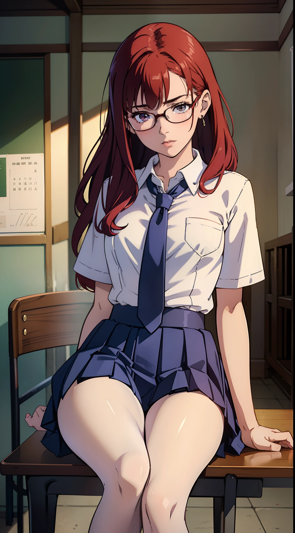 (1girl:1.3), Masterpiece, Best quality, amazing beauty, 4K, absurdres, finely detail, super detailed eye, perfect anatomy, official art, cinematic lighting, BREAK, bedroom, silky wavy hair, red hair, super shiny detailed blue eyes, Staring Intently, Eyeshadow, pink lips, embarrassed, blush, BREAK , big breasts, slender, white skin, sitting bed in bedroom, BREAK , (school uniform:1.2), (pencil Skirt:1.2), BREAK,(Glasses)