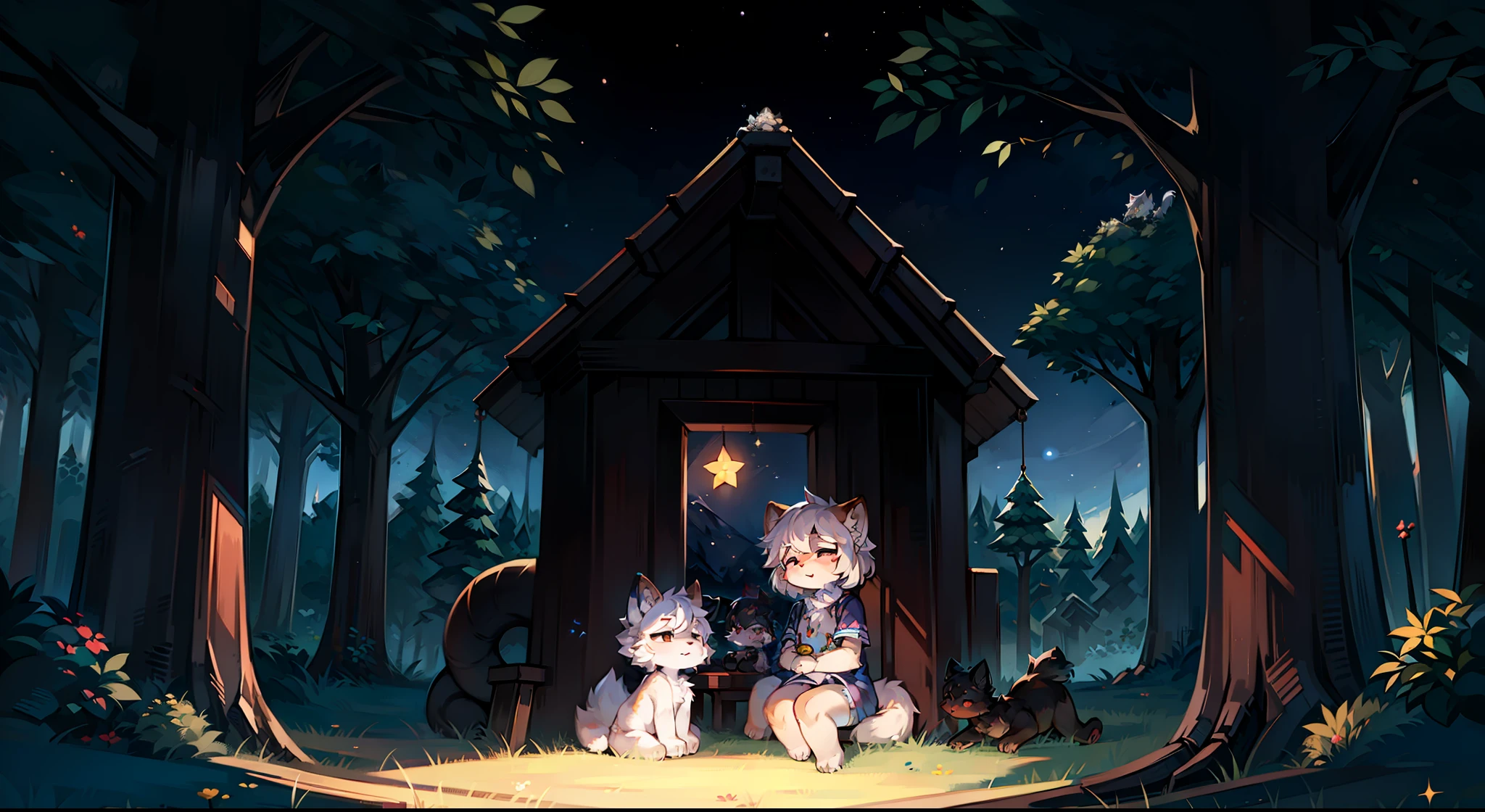 Furry mascot，Lovely image，A black cat，ember， Cute little animals fluffy，Furry Fur，Cute little animals，Fluffy tail，White hair，Sitting alone under a tree，leaning against the tree trunk，On the lawn of the park，Cubs，is in night，nigh sky, stars，Close-up of cute characters，eye closeds，Sleepy，Put your hands behind your head