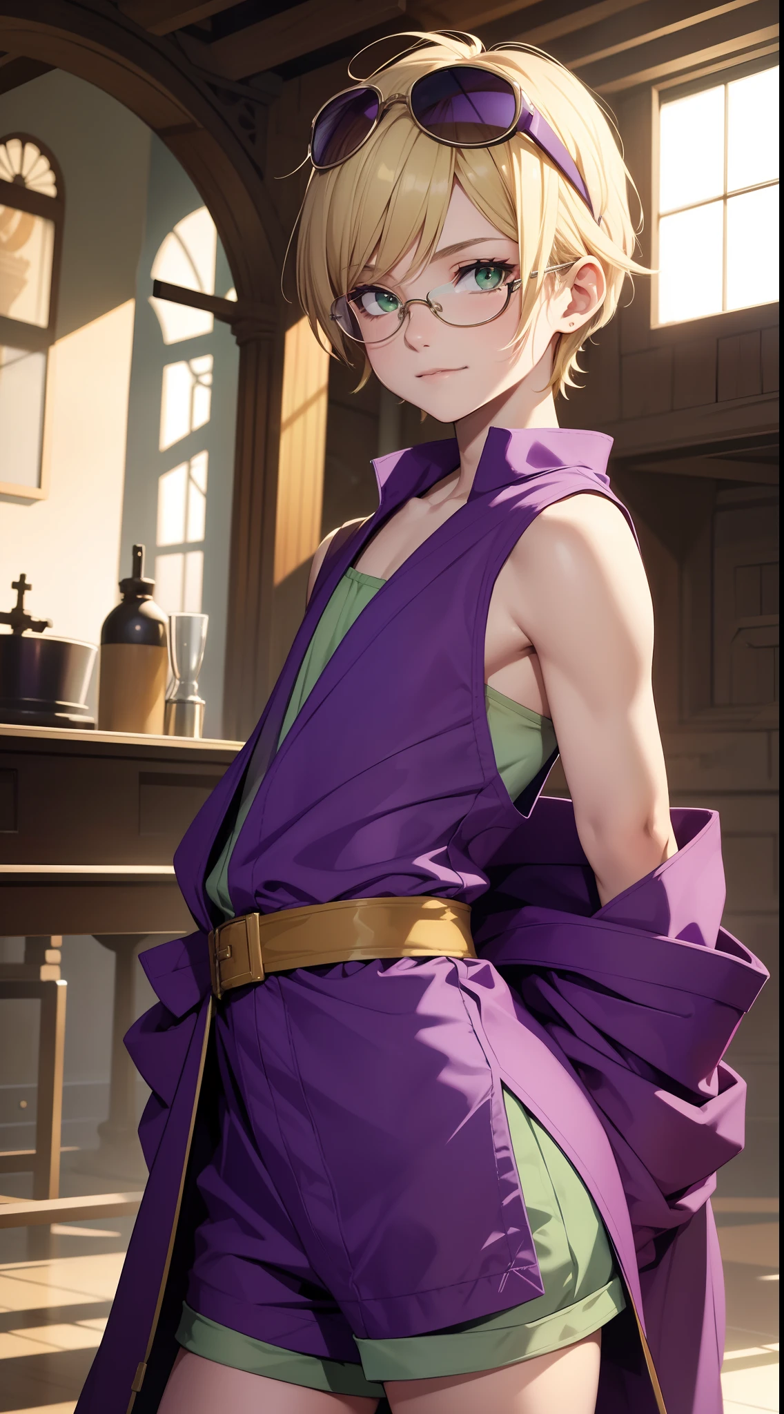 young boy, short blonde hair, Green eyes, Purple robe, Sleeveless, Shorts, pilot's glasses on his head, ssmile, Masterpiece, hiquality