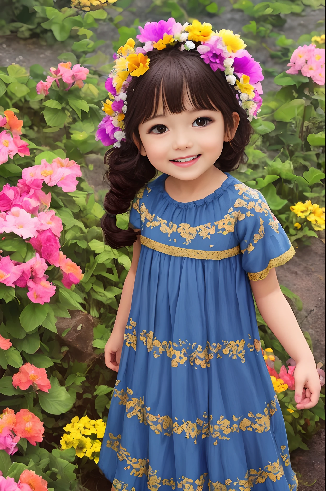 (bem detalhada) agelical child, morena, cabelo ondulado, vestido angelical com asas de fada, entre flores lindas e coloridas, sorriso angelical, estilo Disney pixel