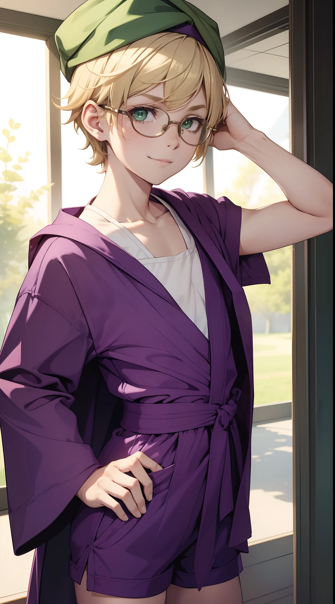young boy, short blonde hair, Green eyes, Purple robe, Sleeveless, Shorts, pilot's glasses on his head, ssmile, Masterpiece, hiquality