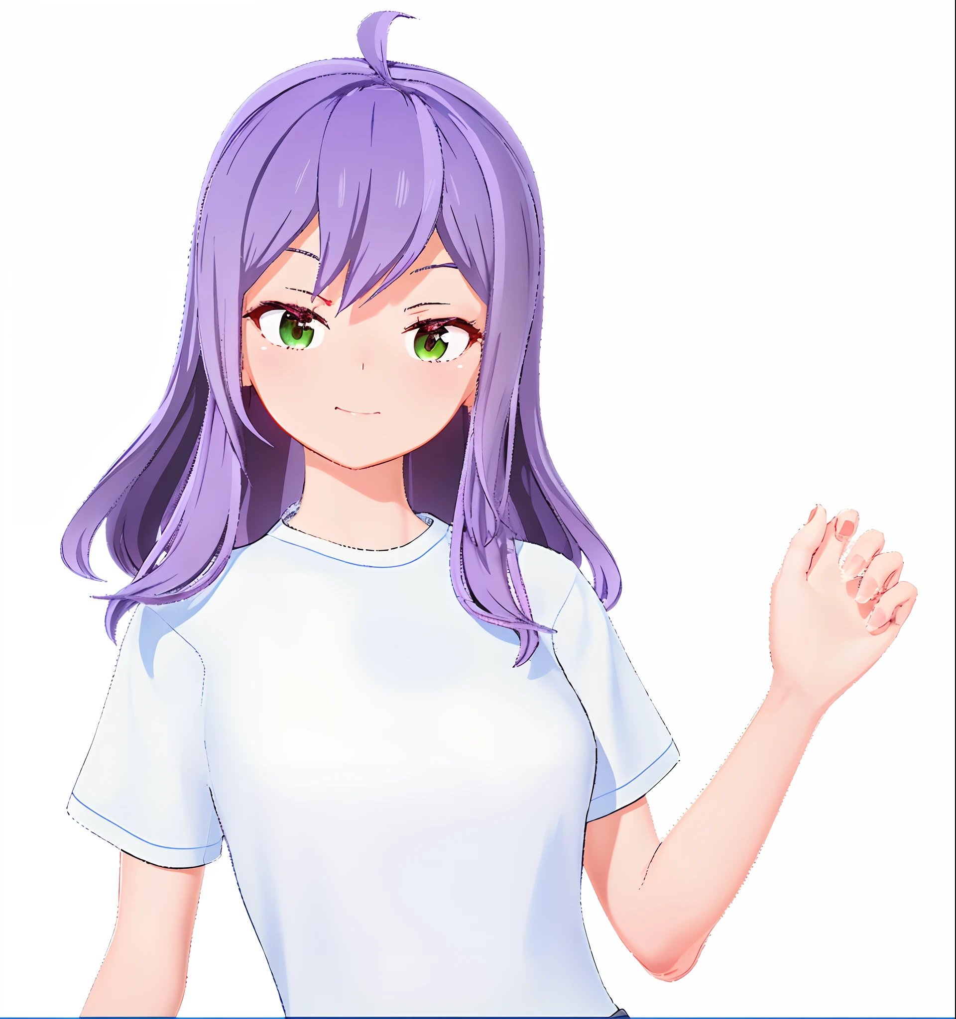 (Best Quality, 8K, 32K, masutepiece, hyper HD: 1.2) Anime girl with purple hair and green eyes waving, anime styled 3d, realistic anime 3 d style, Stylized anime, anime stylized, Anime style. 8K, Smooth Anime CG Art, clean detailed anime style, anime moe art style, realistic young anime girl, flat anime style, live2d virtual youtuber model, my dress up darling anime