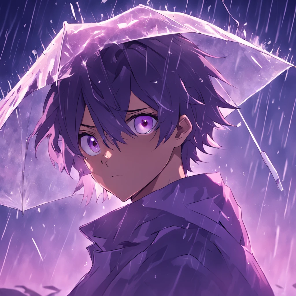 (fundo sombrio),(homem de 24 anos, Olhos abertos cor de roxo, not so long hair with white, Elementos trevas e ele segurando um guarda chuva),( Reasonable design, linhas claras, alta nitidez,best quality, Very detailed, Efeito de luz do filme, 4k )