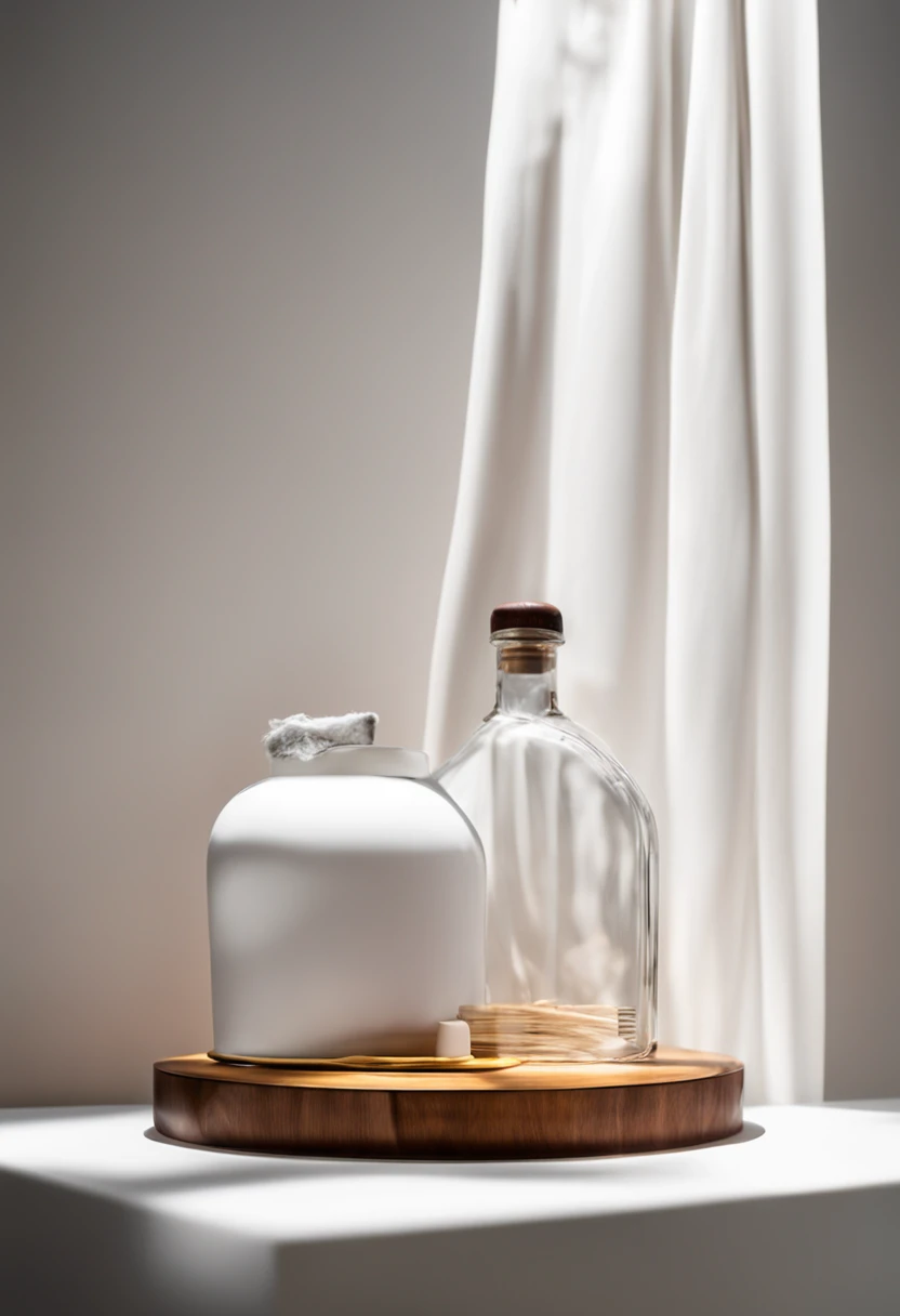 White background and a white round platform and above a bottle covered by a white curtain above product lighting