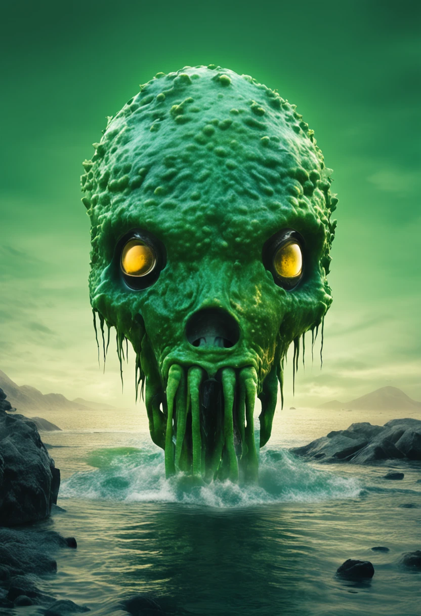 Under the shroud of nuclear contamination, Marine life around the world began to mutate, Transform into a monster form. The entire picture is covered in fluorescent green tones, Symbolizes nuclear radiation. Light shines down from the surface of the water, The bizarre shapes that illuminate these mutant creatures. The picture has a wide depth of field, The endless ocean is filled with the figures of these monsters, Form a big picture.,Kunxing Magazine,