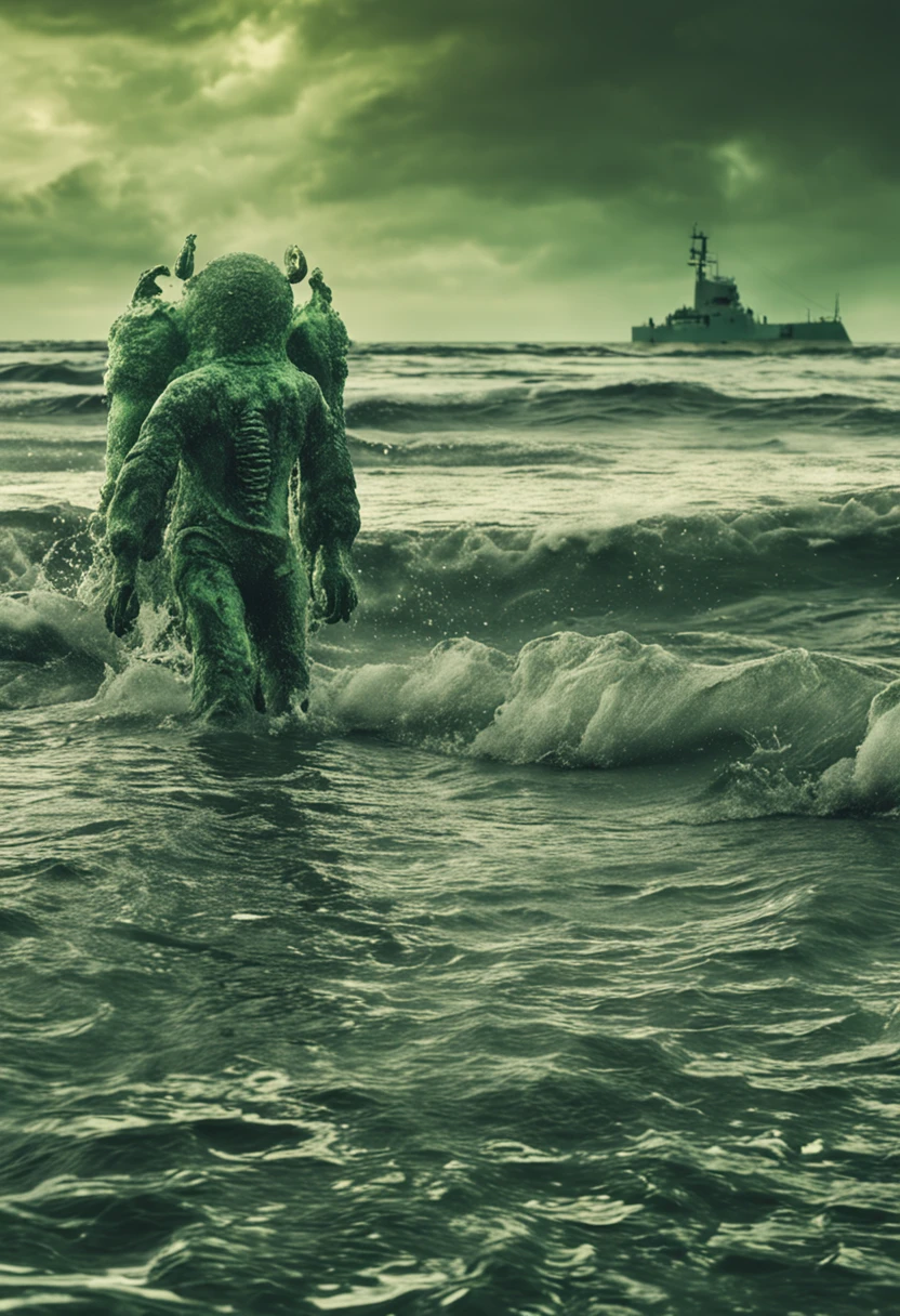 Under the shroud of nuclear contamination, Marine life around the world began to mutate, Transform into a monster form. The entire picture is covered in fluorescent green tones, Symbolizes nuclear radiation. Light shines down from the surface of the water, The bizarre shapes that illuminate these mutant creatures. The picture has a wide depth of field, The endless ocean is filled with the figures of these monsters, Form a big picture.,Kunxing Magazine,