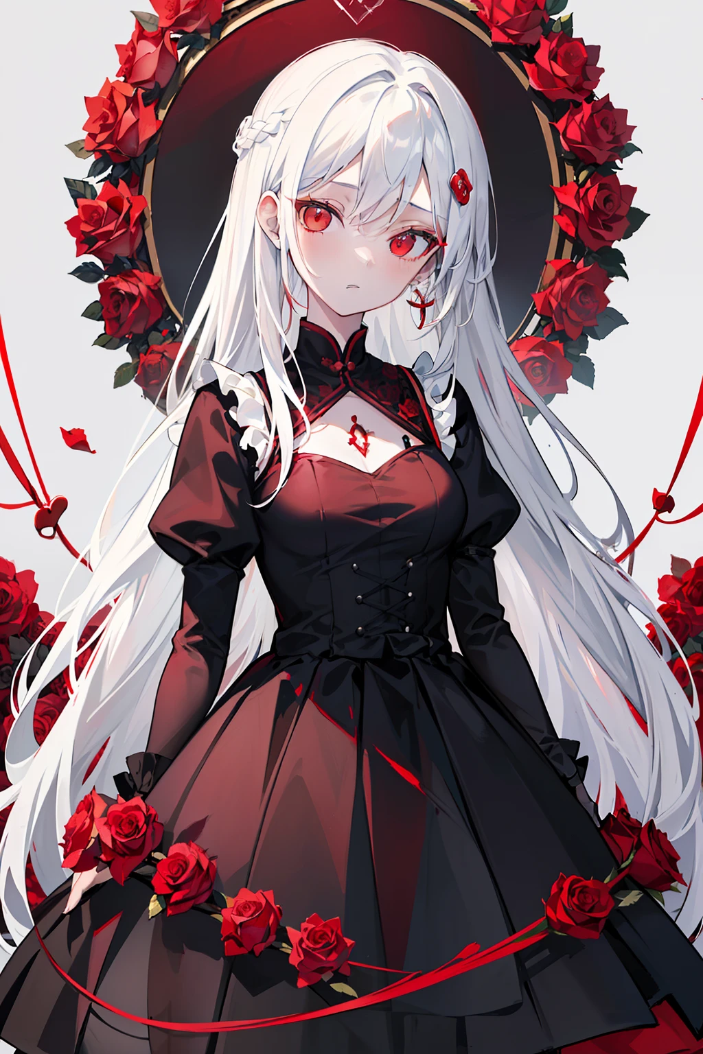 (top-quality、masterpiece)、(1girl in、独奏、Black Dress、is standing、Look at viewers、White hair、red eyes、There are roses、Keep your mouth shut、The upper part of the body)、(Red Dream Catcher in the Back、Red flowers、)、Red mesh hair、length hair、Twin-tailed