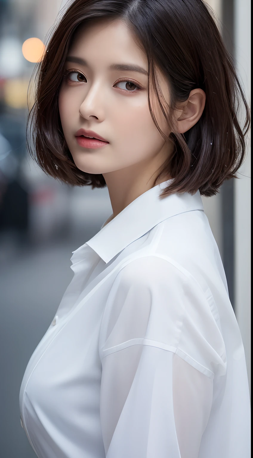 ((Best quality, 8k, Masterpiece :1.3)), Sharp focus :1.2, A pretty woman with perfect figure :1.4, Slender abs :1.2, ((Layered haircut, Big breasts :1.2)), (Blazer over very thin white button up shirt :1.1), City street:1.2, Highly detailed face and skin texture, Detailed eyes, Double eyelid
