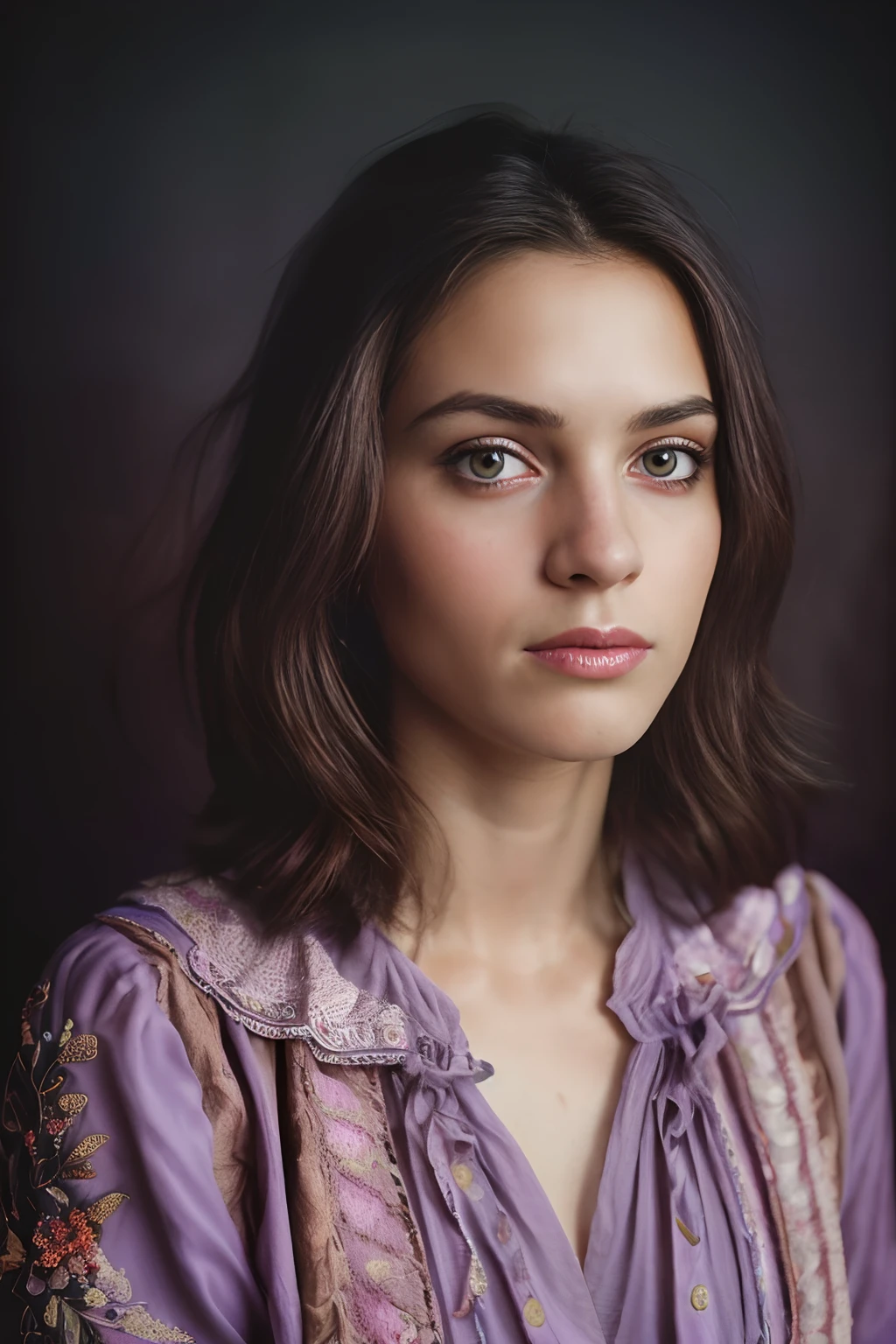 (gros plan, Editorial photograph of a 30-year-old woman, cheveux court avec petite poitrine, dressed in purple) (high detail face:1.4) (sourire:0.7) (background inside dark, morose, private study:1.3) POV, Par Lee Jeffries, Nikon D850, Photographie de film ,4 Kodak Portra 400 ,camera f1.6 lentilles ,couleurs riches ,hyper realistic ,lifelike texture, dramatic lighting , Cinestill 800