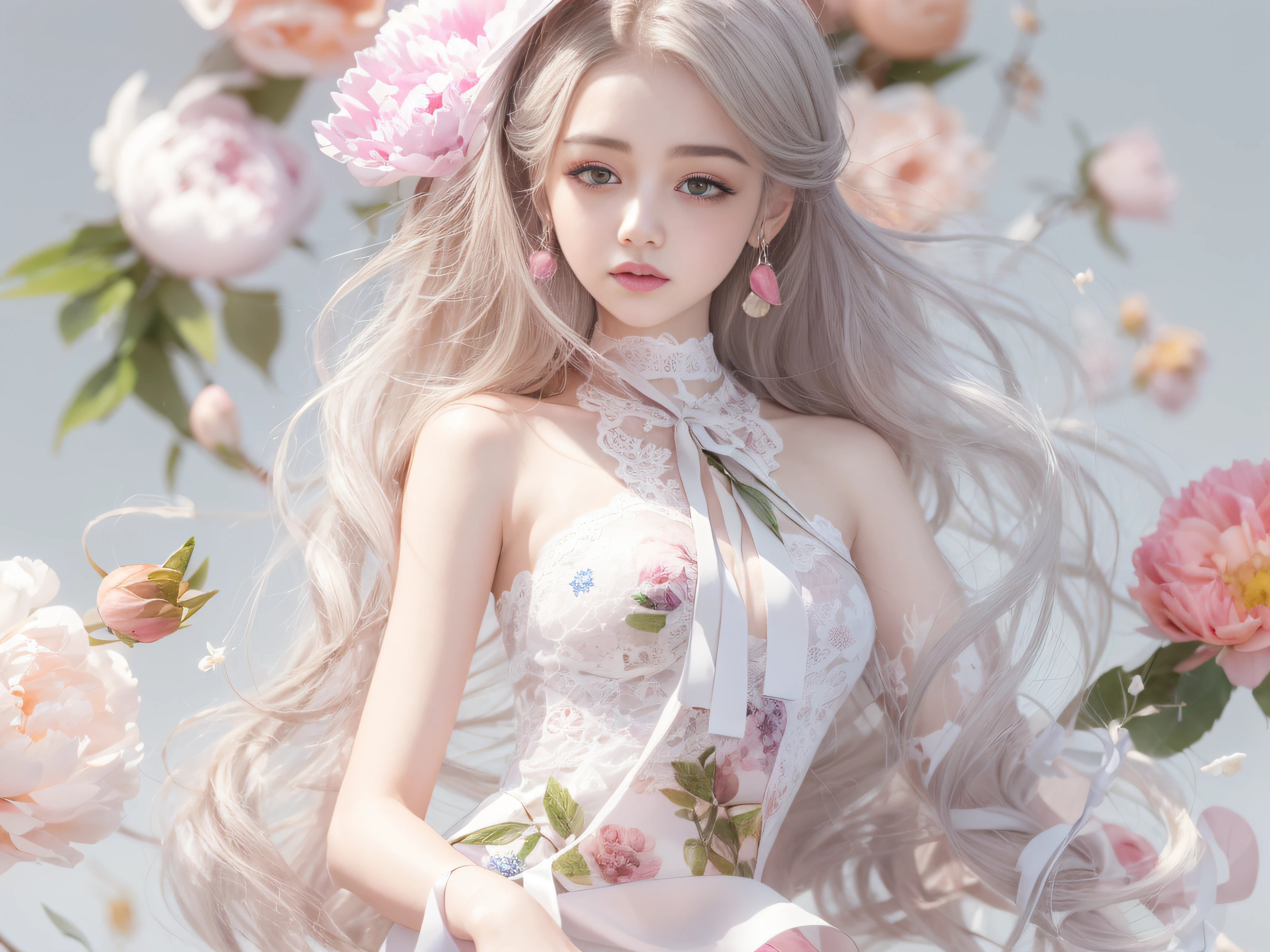 (White background:1.2)，springtime，(no light:1.1)，(seductiv:1.2)，ellegance，long whitr hair:1.1)，(Blushlush:0.7)，Floating hair，Deep sky，As estrelas，(Floral dress:1.1)，Shiny low diagonal tail，(Multi-colored peony:1.15)、decorations、petals(lacepantyhose:1.1)、ribbons，4K