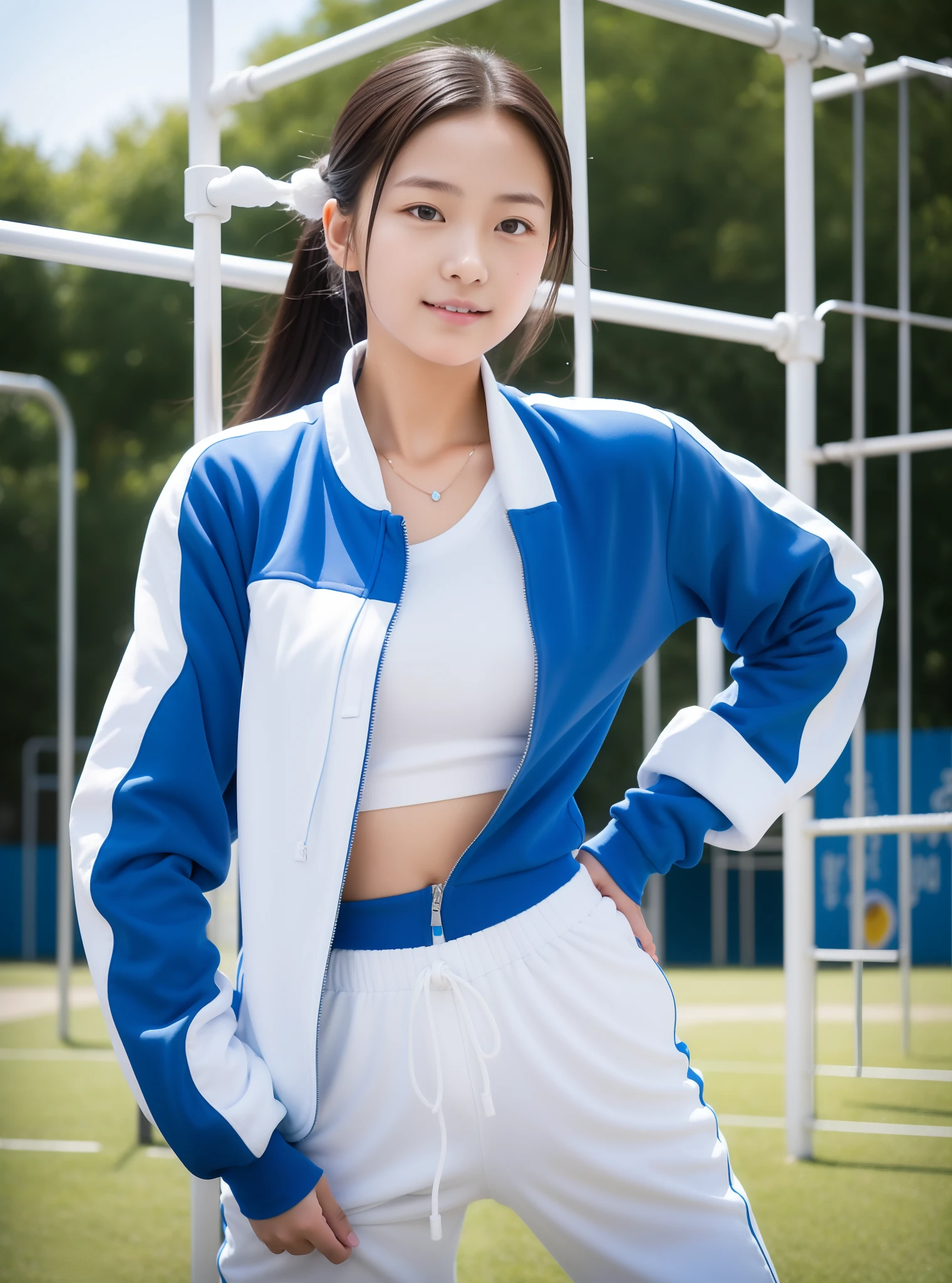 1 beautiful high school student in blue and white tracksuit playing on the school playground，Super high value，perfect body figure，Horsetail hair，Delicate hair，Fair face and skin，Beads of sweat hang down，Have fun on the playground，big full breasts，Chest hyperexcion，Clothes are tight，Delicate white toes，detailed finger，fully body photo