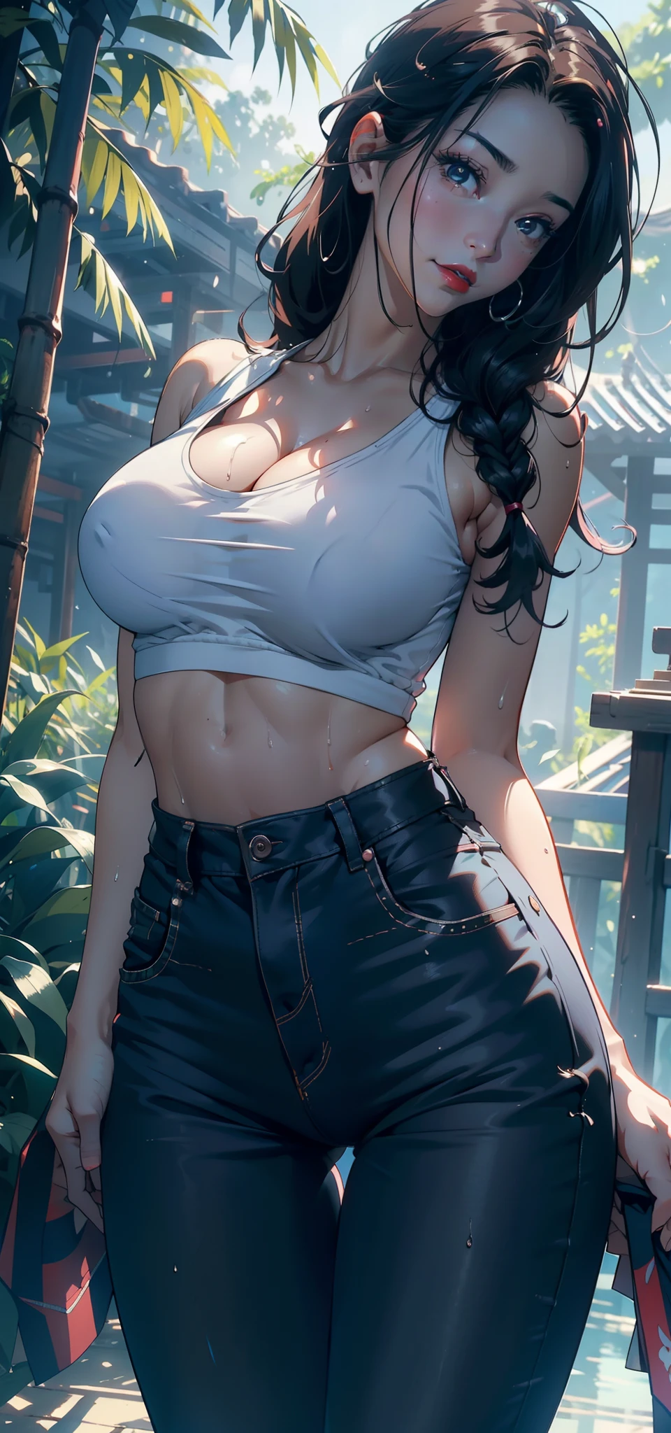 1female,36 years old,熟妇,mature,Bigchest,Big breasts Thin waist,slenderlegs,long leges,Busty and sexy,Pornographic exposure, 独奏,(Background with:bamboo forrest,clubs) She has long pink hair,standing on your feet,Sweat profusely,drenched all over the body,seen from the front, hair straight, mostly cloudy sky,(((tmasterpiece),(Very detailed CG unity 8K wallpaper),best qualtiy,cinmatic lighting,detailed back ground,beatiful detailed eyes,Bright pupils,(Very fine and beautiful),(Beautiful and detailed eye description),Black eyes,Redlip,ultra - detailed,tmasterpiece,)),facing at camera,(The upper part of the body),A high resolution,ultra - detailed),revealing breasts,Bare genitalia, Bulge,legs are open,sexyposture,Camel toes,Flushed complexion,Smile,frontage,(Wearing:White baseball shirt,Sexy denim shorts,athletic sneakers)