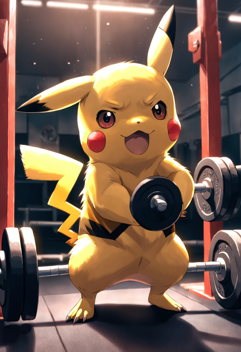 "Pikachu passionately lifting weights and pushing its limits during an intense gym workout session."