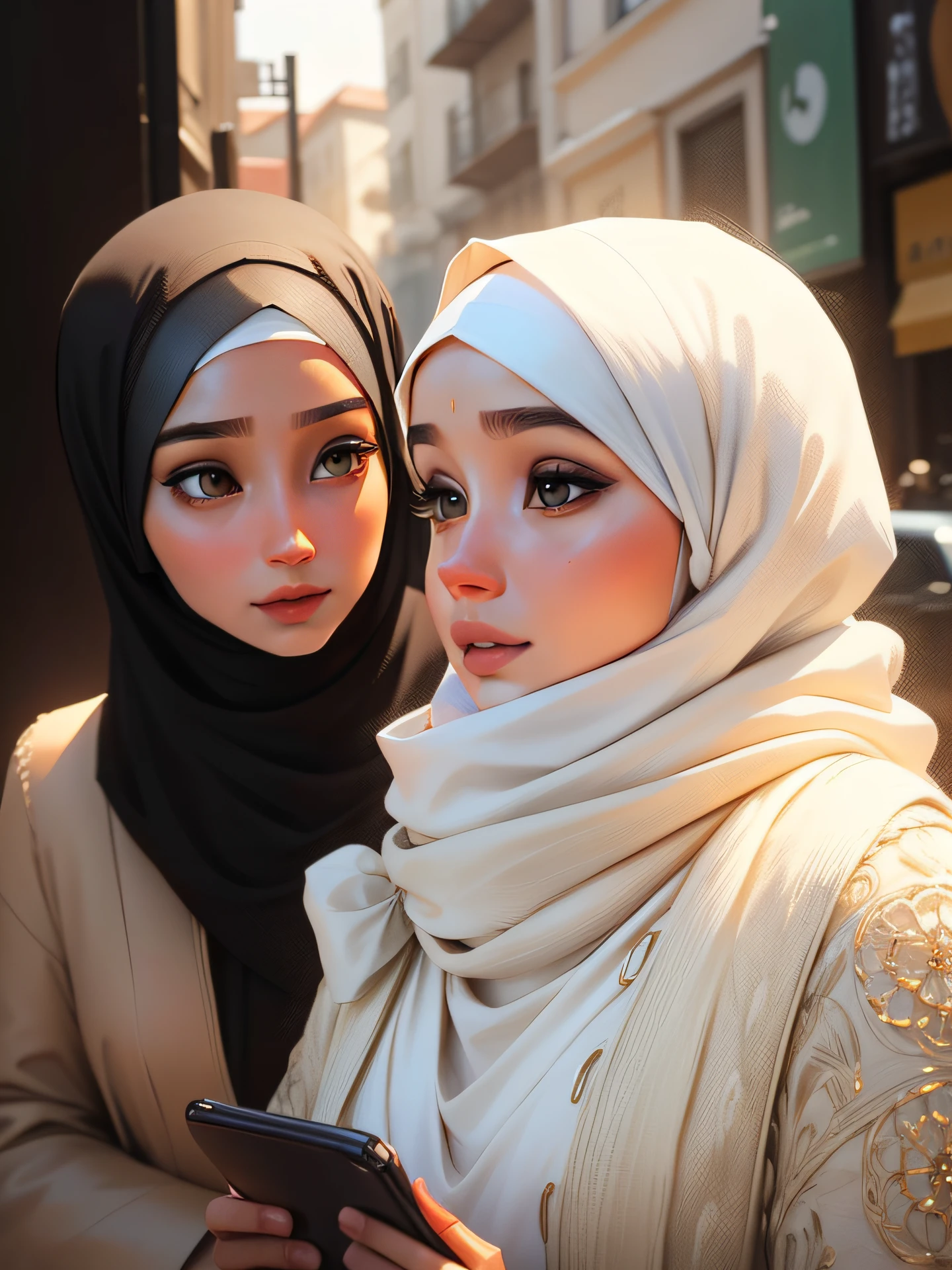 two women in hijabs pose for a picture in a white room, hijab, malaysian, shawl, long shawl, scarf, head scarf, brown color, h 7 0 4, 2 colors, 2 color, 2 colours, h 576, f 2 0, by Ren Renfa, light tan, f32, f 3 2, muslim