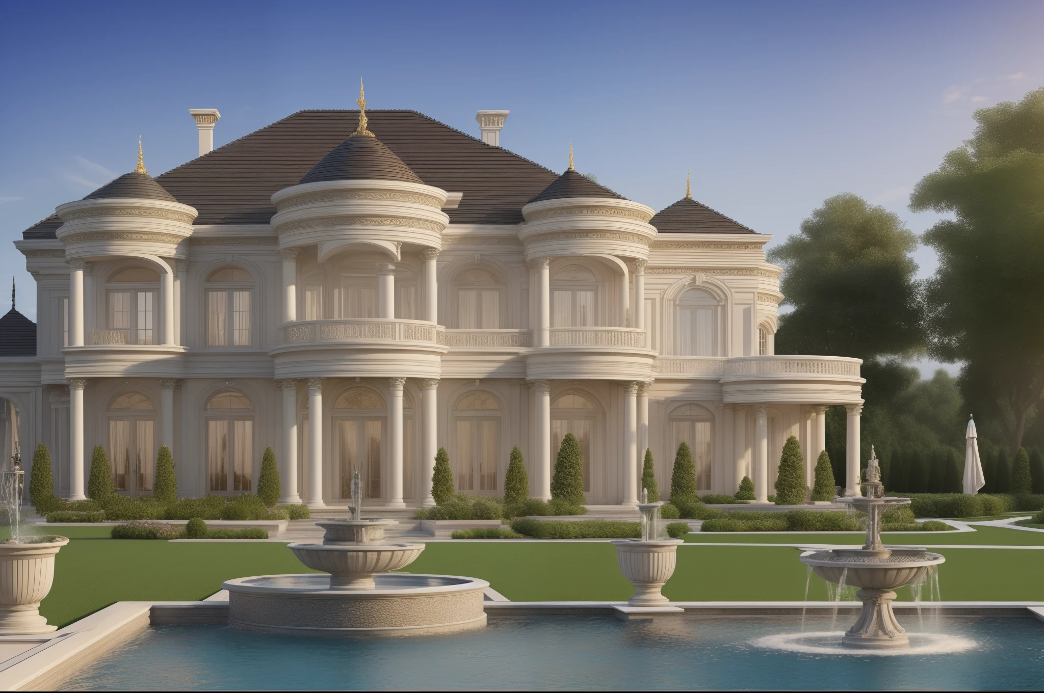 a rendering of a large mansion with a fountain in front of it, luxury castle, stunning grand architecture, elegant architecture, luxury architecture, classicism artstyle, neo - classical style, luxury hd render, neoclassical style, victorian manor, exquisite architecture, victorian castle, architectural rendering, architectural visualization, gothic mansion, architectural render, exterior design, neoclassicism style