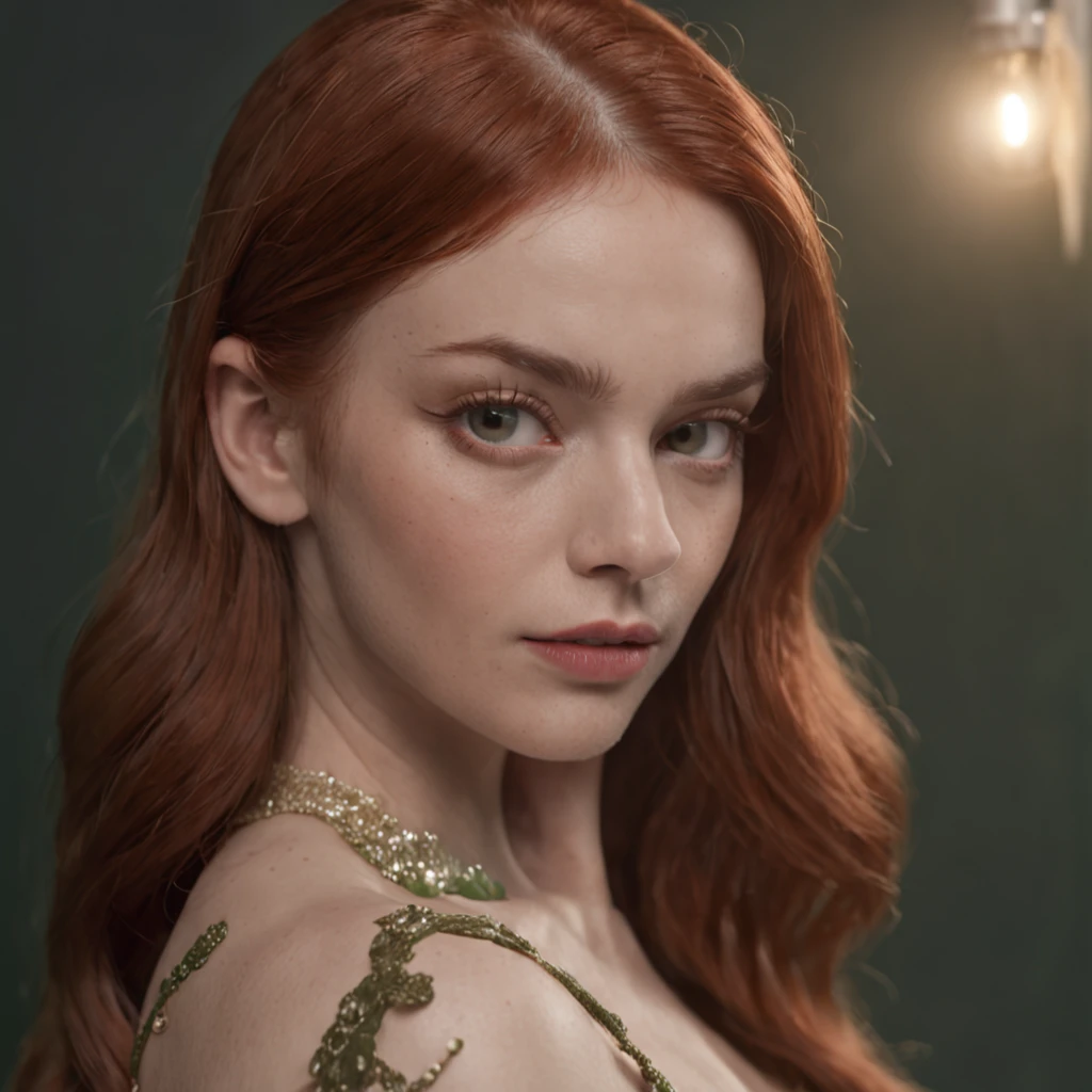 Camera front body, retrato em close-up olhando para frente (Professional 3D rendering:1.3) de (Realistic:1.3) foto de arte mais bonita do mundo,mulher ruiva , (( epic fantasy elegant woman universe movies riverdale netflix, long red hair pale ginger clothes moss green and black )), Looking at camera, posing for camera, corpo inteiro 8k unidade render, sol refletindo vidro da janela, poros da pele, sardas sutis no seio nasal , very dark lighting, sombreamento, circunstanciado, rosto detalhado, (Vibrando, fotografia realista, Realistic, Dramatic, Escuro, foco nítido, 8k), (Roupas camisa de mesa elegante, mesma roupa cor roxa, ((((Use peles)))), (intrincado:1.4), decadente, (altamente detalhado:1.4), Pintura digital, rendering by octane, art stations, conceito-arte, liso, foco nítido, illustration, germe da arte, (Loish:0.23), Coffee on a table, manha tranquila anos 50, (global ilumination, studiolight, light volumetric), ((Fundo escuro e antigo da cidade:1.3))