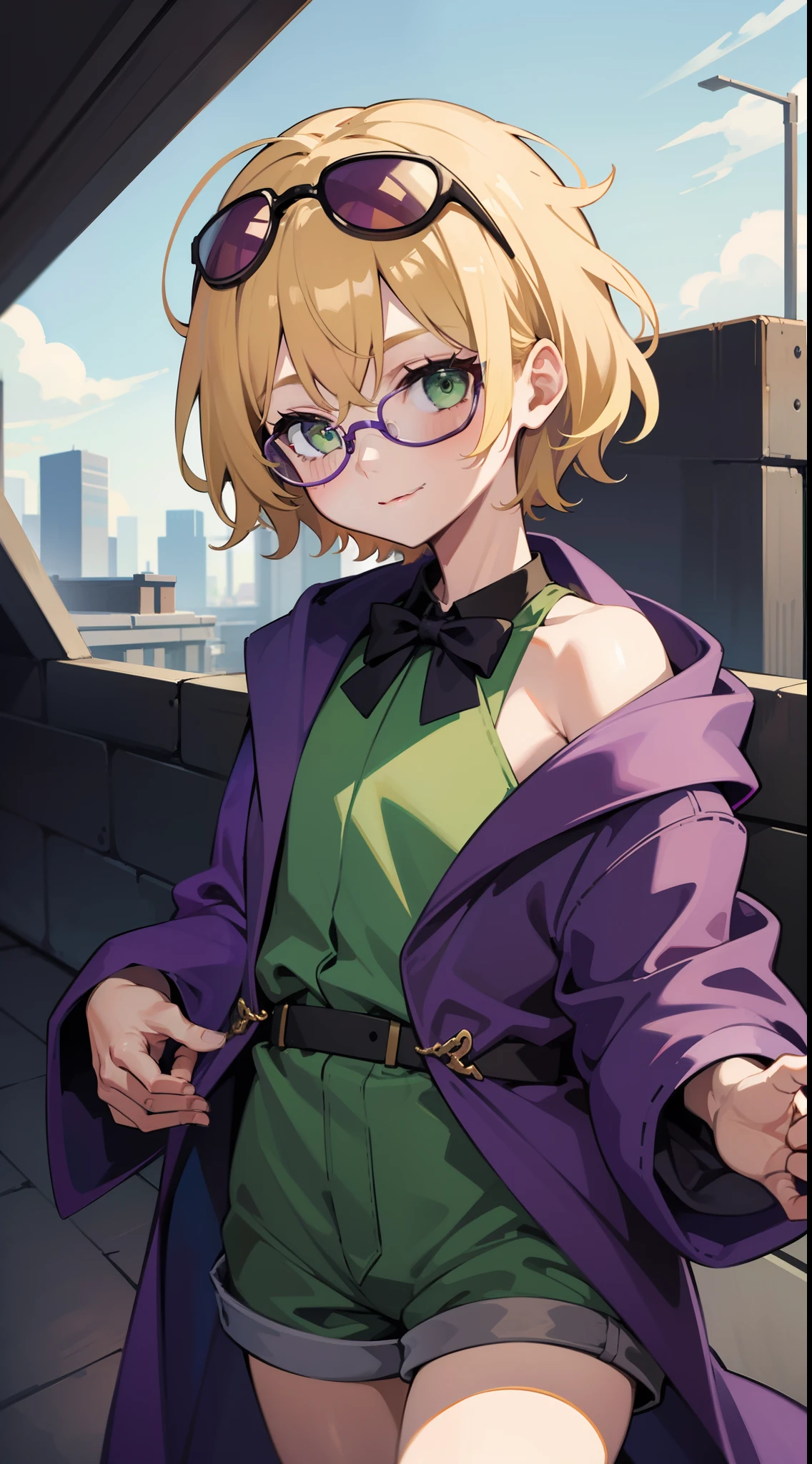 young boy, short blonde hair, Green eyes, Purple robe, Sleeveless, Shorts, pilot's glasses on his head, ssmile, Masterpiece, hiquality