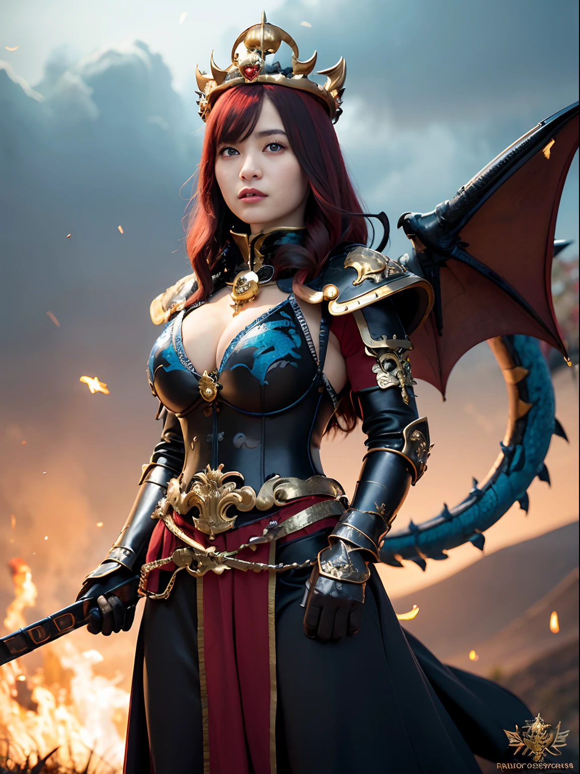 (masutepiece), Professional , masterpiece、top-quality、photos realistic , depth of fields 、(Dragon Black Metal Body:1.9),(Enamel blue-black、(cleavage of the breast)、Dragon Gold Weapon(Dragon Metal Body:1.4),Gorgeous gold weapons ,(( Dragon's dense and gorgeous sword)) , (demonic wings) ,warhammer 40k , adepta sororitas,Detail and gorgeous crown、((Red hair))、(Castle background)、((Gangle's forest background))、Beautiful Caucasian beauty、1a person、dynamic ungle,(((Detailed and ornate Black Devil Crown)))、Smaller head、crazed smile、Castle background、Thin and beautiful female hands、cleavage of the breast、Soldier in iron armor on background、Mystical expression、Light Effects、intense fighting、Wind-effect、magic circles、With the legendary magic wand、Dragon's tail、