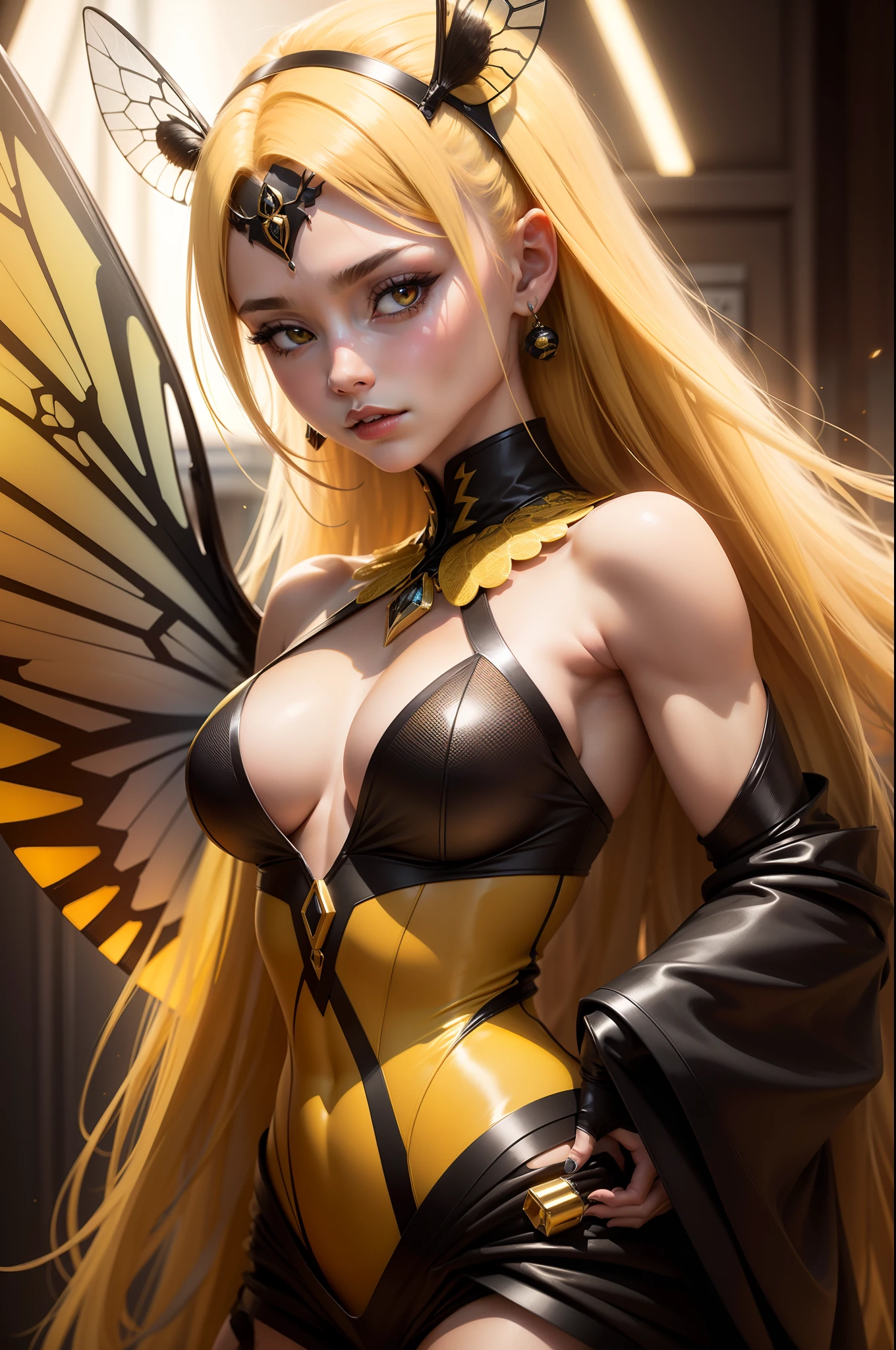 8k Queen of yellow and black wasps (8K,Photorealsitic Raw photography top-quality;1.4) (1girl in) Super beauty (Lifelike face) Muscular and macho female body long black and yellow hair Black and red tactile sensations Beautiful bee wings Beautiful expression glareing (real looking skin) (sorcerer) enticing 超A high resolution A hyper-realistic high detal