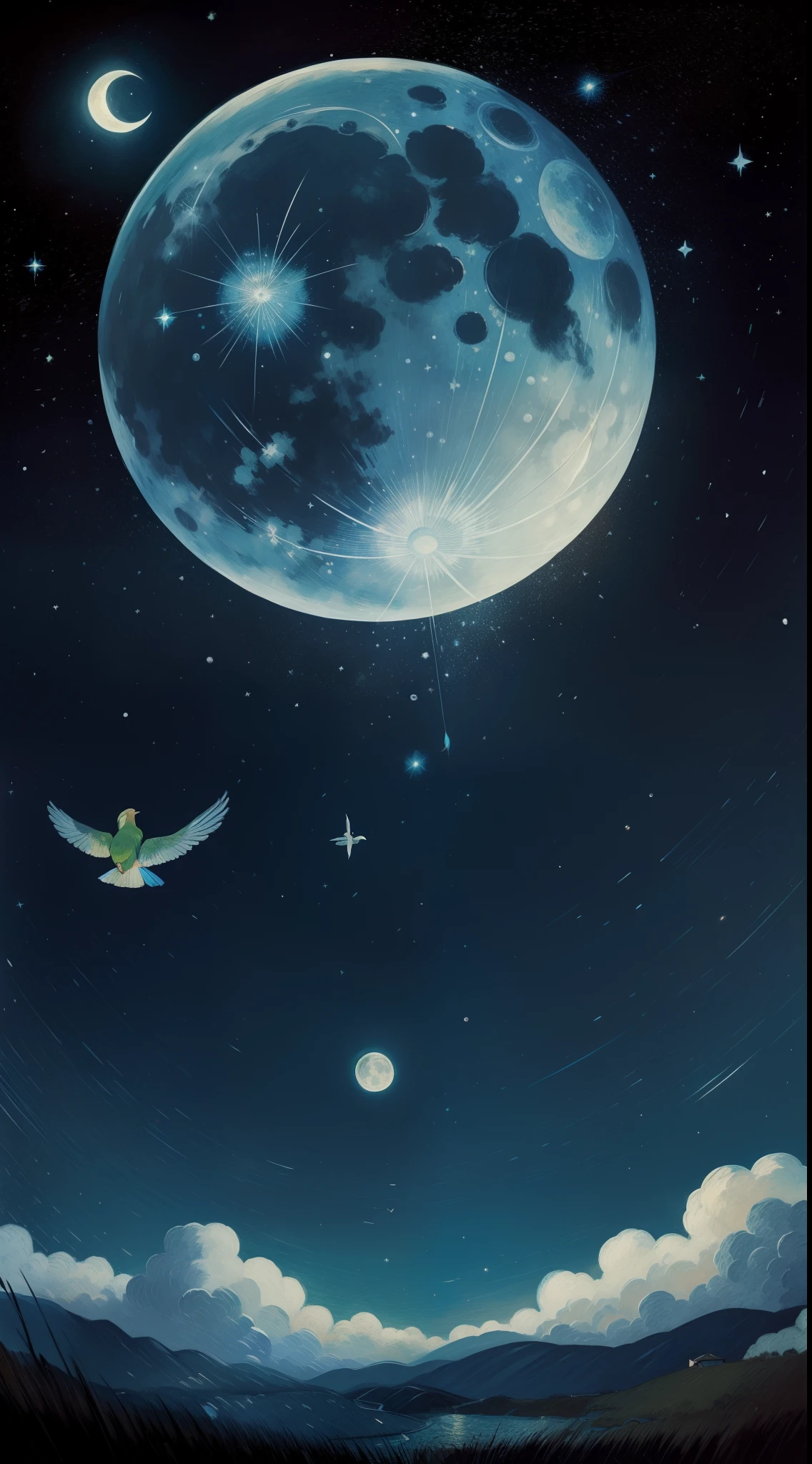 Gentle and beautiful rainbow bird,Fly before the moon,Peaceful night sky,the huge moon,Soft moonlight,Glittering starry sky,Impressionist Van Gogh