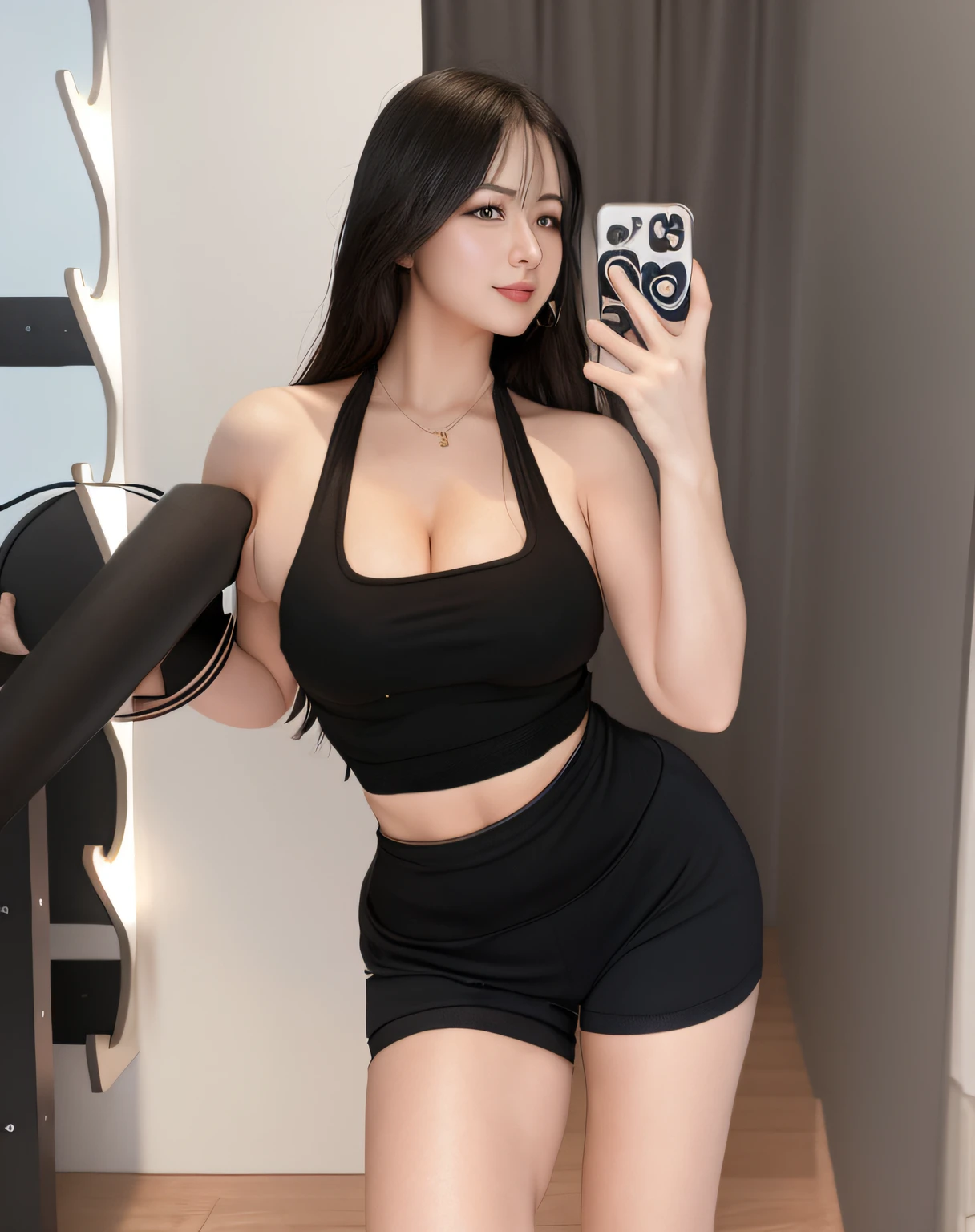 there is a woman taking a selfie in a black top, tight black tank top and shorts, skinny waist and thick hips, bra and shorts streetwear, sport bra and shorts, wearing tight simple clothes, tight outfit, thicc, gorgeous young woman, fit dainty figure, cottagecore!! fitness body, tight attire, attractive face and body, sexy style