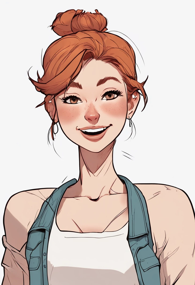 21 year old, redhead girl, armpit lenght hair (((happy face, flirty face, excited face, aroused face, scared face, confused face))) jeans and tight top, ((bun hairstyle)) (((detailed character sheet, frontal view, side view, three quarter view))) (((white background)))
