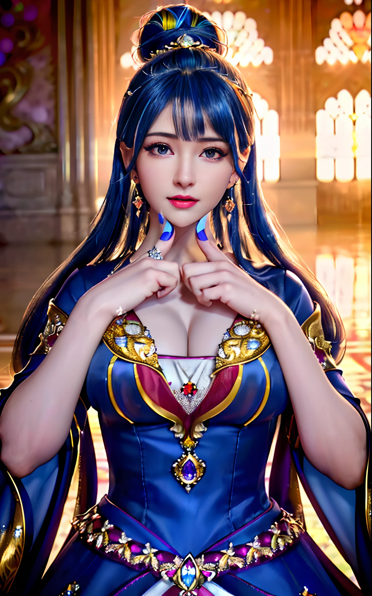 ((realisticity: 1.2)), ((realistic: 8K UHD)), ((best resolution: 8K UHD)), hyper detailed, best quality,masterpiece,highres,cg, ((1 girl hyper detailed and hyper realistic) ) , ((beautiful queen, hyper realistic and hyper detailed)),((white skin, beautiful, smooth, youthful, hyper realistic and hyper detailed )), ((Face hyper beautiful, white, hyper realistic and hyper detailed ) ), long hair, ((hyper realistic and hyper detailed dress)), solo, ((hyper realistic, hyper beautiful, beautiful and hyper detailed jewelry)), ((hyper beautiful deep red and golden yellow dress, hyper realistic and hyper detailed )) , ((Her pretty, hyper realistic, hyper detailed diamond filled earrings)), ((Her gorgeous diamond haircut, hyper realistic and hyper detailed)), ((hyper pretty upper body, hyper beautiful, hyper realistic and hyper detailed) ), ((medium breast: 1.5)), ((hyper realistic, hyper pretty, hyper detailed boobs)), ((the backgroun of the royal palace is hyper majestic, hyper realistic and hyper detailed)),((hands and palms hyper beautiful, hyper detailed, hyper realistic)), ((hyper detailed and hyper realistic fingers and fingernails)), ((hyper pretty, hyper pretty, hyper realistic and hyper detailed hair bun)), ((hyper pretty , hyper realistic and hyper detailed blue hair)), candid, Photo, high resolution, 8k , bokeh,
