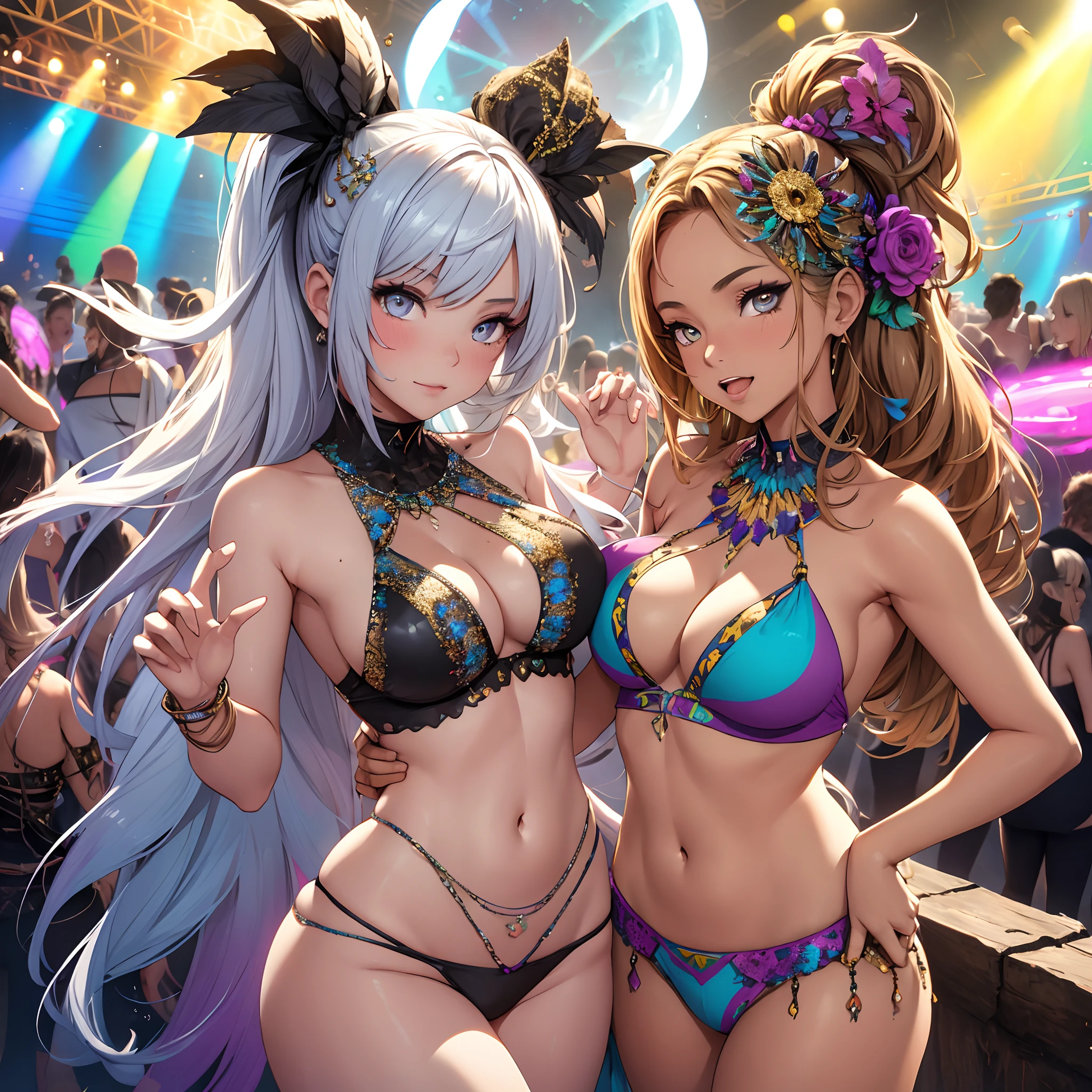 2girls, very beautiful, stunning bodys, very younger, very sexy, couple, detailed beautiful girls, intrincate detailed girls, happy girls, dancing, psychodelic, verano en europa, gypsy ravers, boom festival, european rave, psytrance festival, visionari art decorations, mainstream escenary, epic decorations, golden hour, amazing beautiful rave girls, the others dancing rave vibez and colors, boom festival, ozora festival