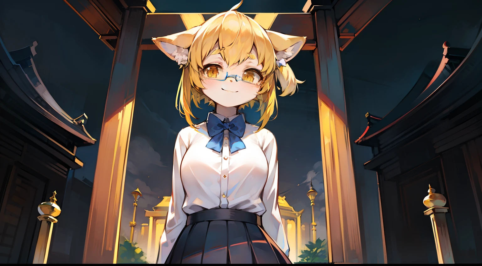 Solo, kemono, female, yellow hair, gold eyes, wear white shirt, wear dark blue skirt, wear blue bow tie, wear black glasses, look at camera, smile, standing in front of Thailand temple, Thailand temple background, Thailand style, front view, daytime, wide angle