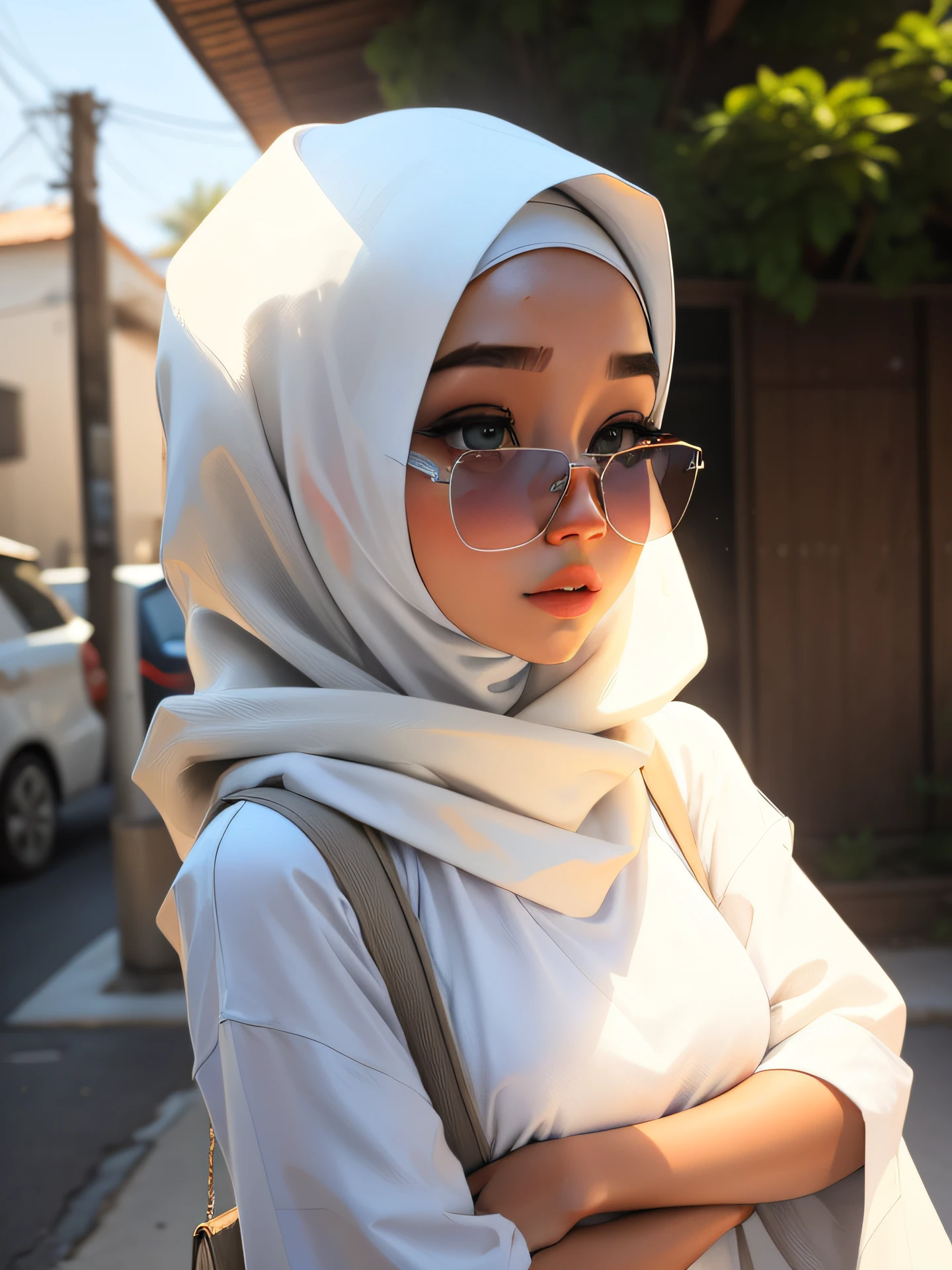 arafed girl in a white shirt and gray pants posing for a picture, white hijab, big eyes, beauty face, cute girl, close up, inspired by Shaddy Safadi, with sunglass, hijab, inspired by Fathi Hassan, with square glasses, inspired by Maryam Hashemi, white and grey, simple style, casual pose, simple minimal, in backyard, inspired by Naza, inspired by Nazmi Ziya Guran