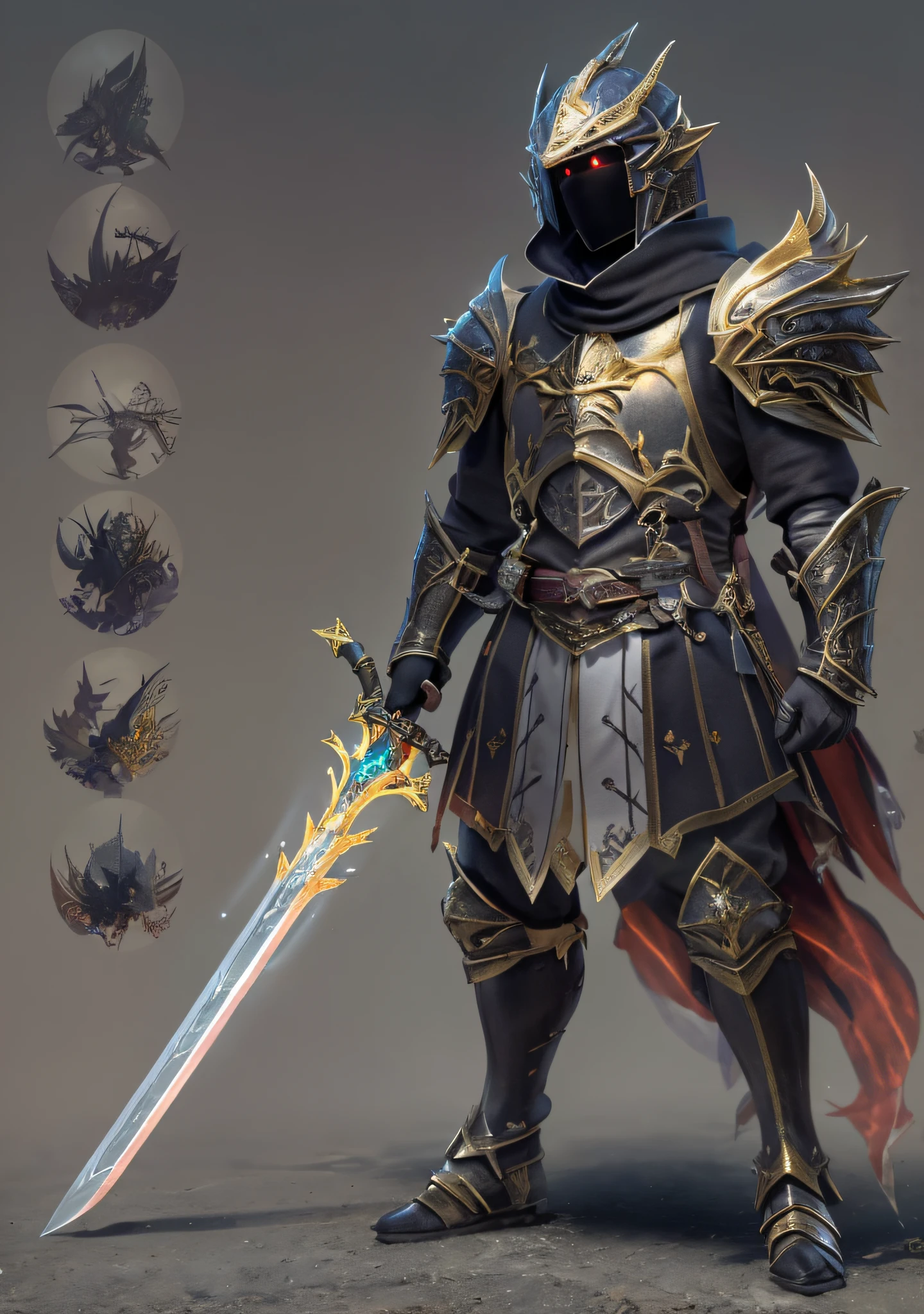 Design a male character who is a knight and has a strong sense of justice. Golden+Black armor, stylish and unique. Taking a huge sword. Volumetric lighting, realism BREAK (masterpiece:1.2), (best quality), 4k, ultra-detailed, (dynamic composition: 1.4), high detailed, colorful details, (gloomy colors: 1.2), (luminous lighting, atmospheric lighting), gloomy, magical, (solo: 1.4), (((glove full hands))), Dragon Warrior, catalog of weapons, (Magic wings on shoulders)