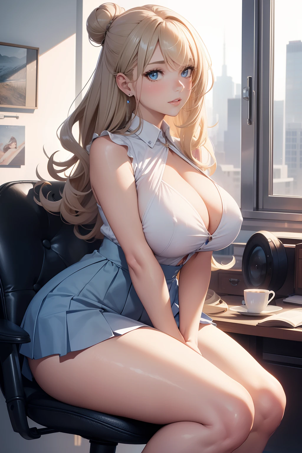 (masterpiece, best quality, 4k, photorealistic, cinematic, ultra-detailed), wide shot, full body, perfect anatomy, curvaceous body, perfect eyes, perfect hands, large chest, long round legs, 1 girl, blonde hair, sitting in an office chair, Lavender sleeveless blouse, powder blue pleated mini skirt, silver wedge heels, loose curls or a romantic bun, teardrop earrings