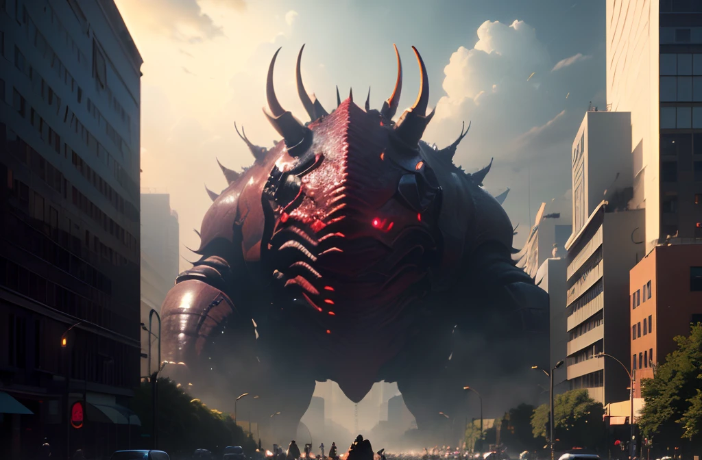 Giant pincer monsters roam the city,Destroyed buildings,Runaway humans,disaster,The sense of smallness of human beings,Look up,Cinema lenses,SENSE OF CINEMA,Premium lighting,tmasterpiece,right structure,Epic,Cinematic tones,of a real