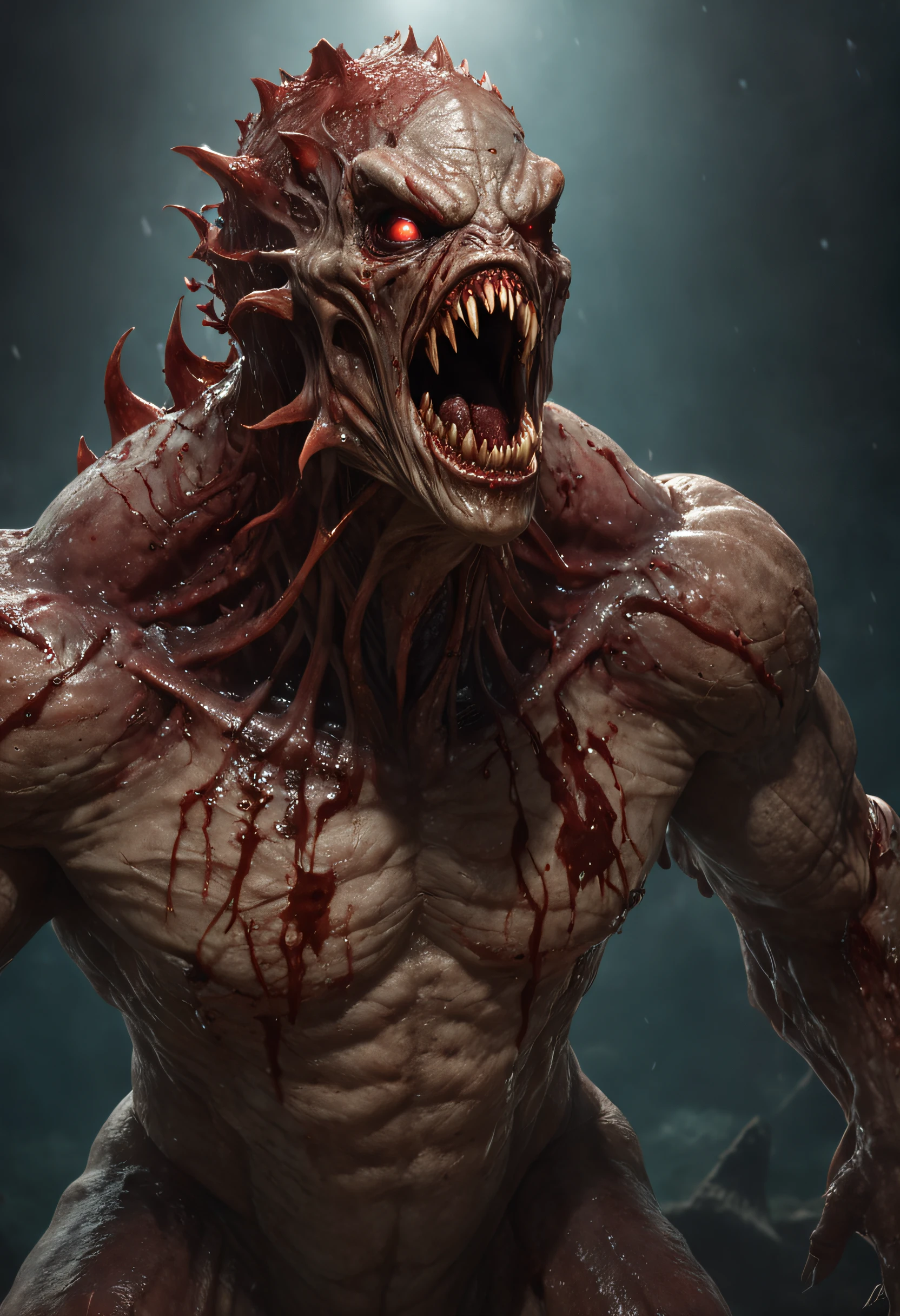 a drawing，It depicts a truly mutilated ocean mutant monster，Blood on his face，bleeding from head, massacre, Science fiction - the horror art of fiction, sci-fi horror artwork, inspired by Aleksi Briclot, Slaughtered fangs, horror fantasy art, author：Alexi Bricklot, horror concept art, venomize, Fantasy and horror art, Detailed illustration of 4K horror, demonic creature, dark fantasy horror art，Prehistoric monsters, Godzilla, standing in ocean, A MILF, Gigantic body, Golden proportions, (The upper body is on the surface of the sea), (The lower body is below the surface of the sea:1.2), (Super scary:1.1), The monster has a bomb stuck in its back：2.6, [:(The facial details are frightening:1.2):0.2]:full bodyesbian，standing on your feet
