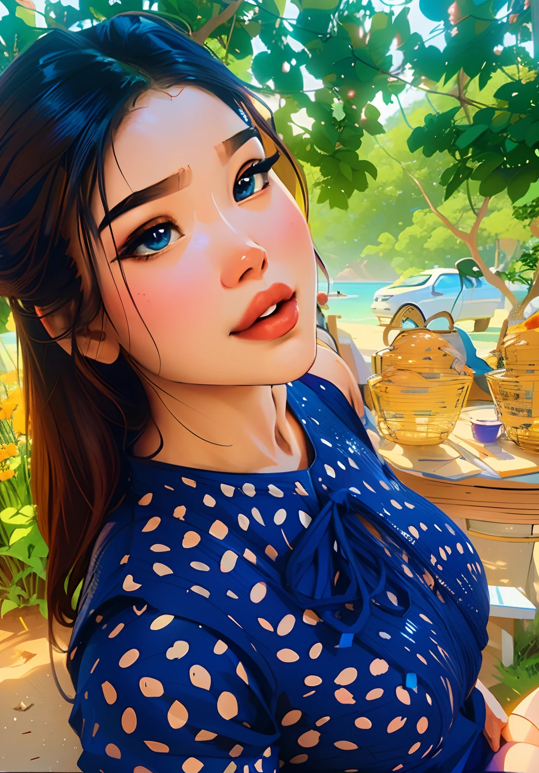 a close up of a woman in a blue dress posing for a picture, nivanh chanthara, photo taken in 2 0 2 0, dang my linh, south east asian with round face, asian girl, south east asian with long, cute beautiful, in style of lam manh, very beautiful girl, profile image, anime thai girl, real ungine, A man sitting on the beach, mountains background, (watercolor:0.5), (borderlands:0.7), detailed , anime illustration, anime cartoon style, line art, comic line art drawing