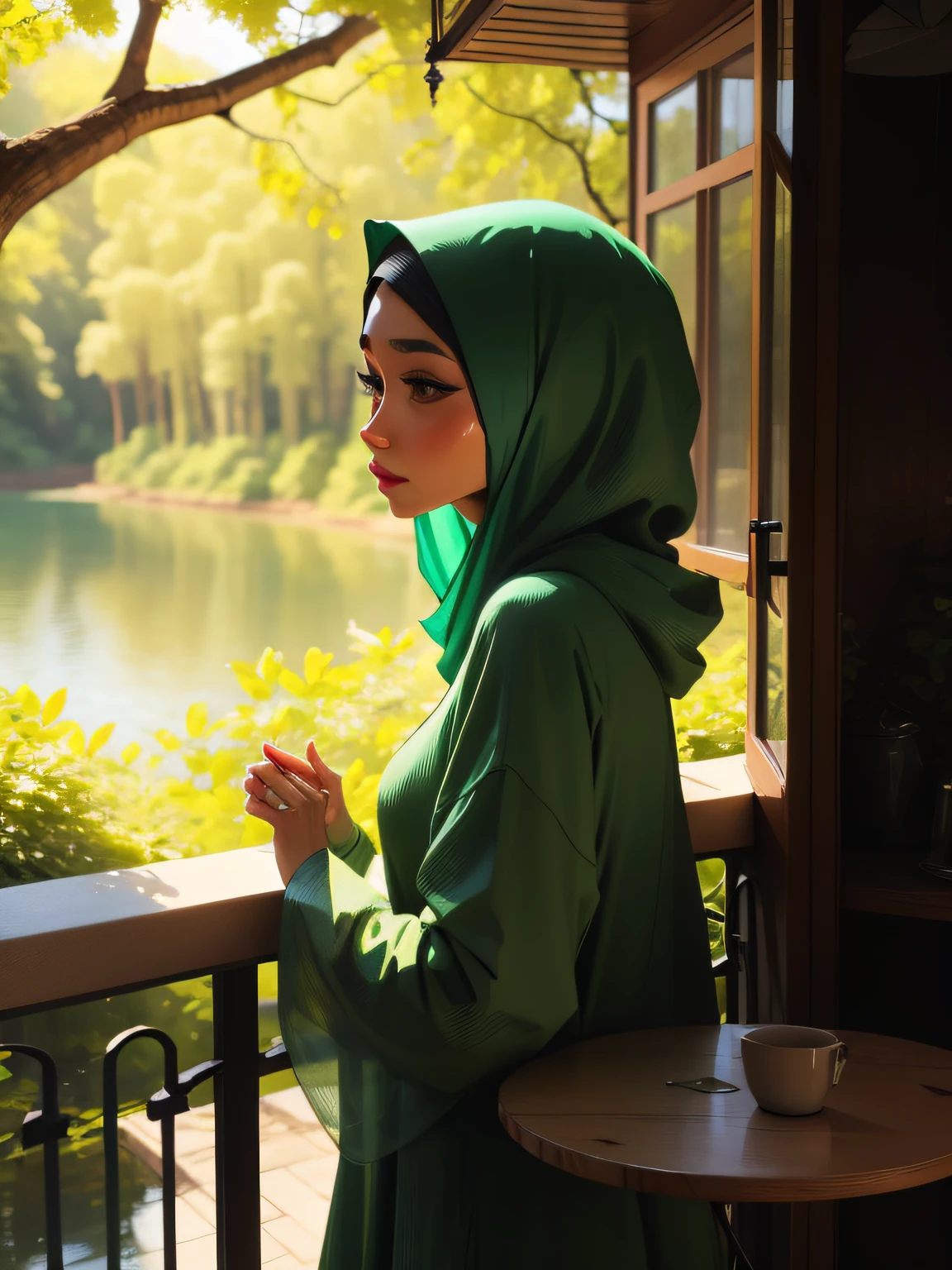 girl in green dress standing on balcony with trees and water in background, inspired by Nazmi Ziya Guran, beauty face, cute girl, a close up, hijab, faridah malik, inspired by Shaddy Safadi, zenra taliyah, serena malyon, inspired by JoWOnder, in garden, siya oum, inspired by Ni Yuanlu, by Abidin Dino