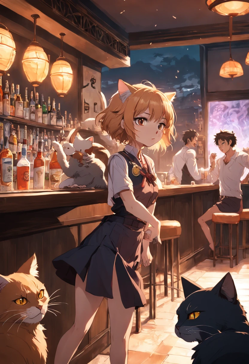 A feline bartender comes up from the bar's service desk, In the pack in front of her a cat waiting for the drink in the background of her are fighting while the gang plays
