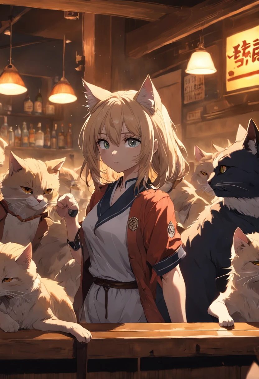A feline bartender comes up from the bar's service desk, In the pack in front of her a cat waiting for the drink in the background of her are fighting while the gang plays