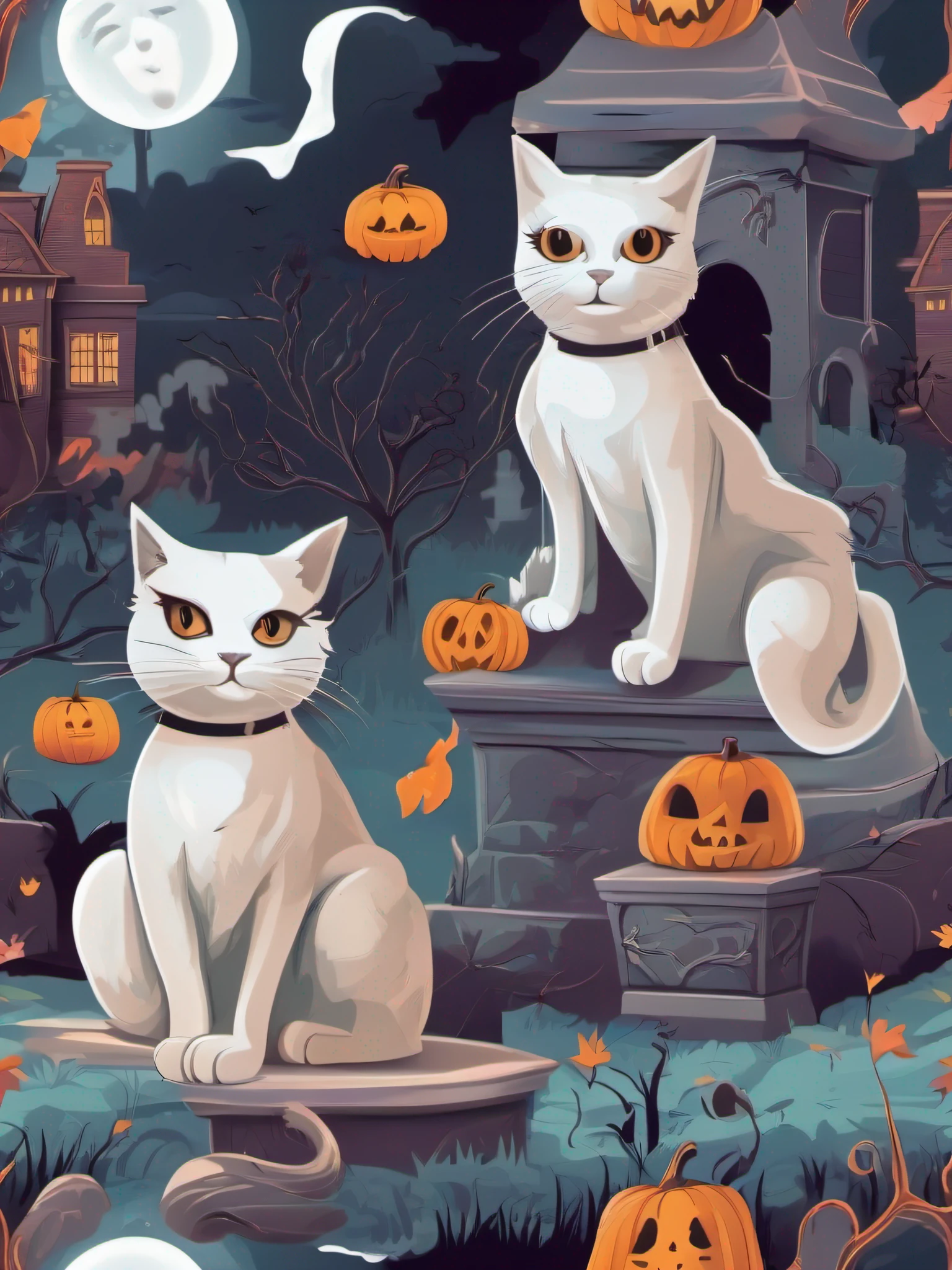 isolated vector art showcasing a pack of cats dressed as ghosts in a spooky graveyard setting. Employ a combination of vibrant colors and subtle gradients to achieve a lively yet ghostly ambiance. Illustrate the cats playfully posing and exploring their ghostly attire, no-background, in the style of 0mib