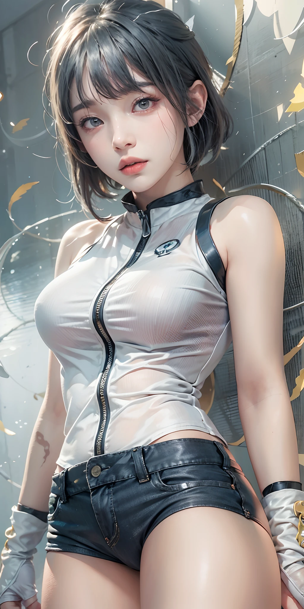 photorealistic, high resolution, soft light,1women, solo, hips up, shining skin, (detailed face),Hinata from Naruto, cool pose, battlefield background, perfect body, white eyes, white bobcut hair