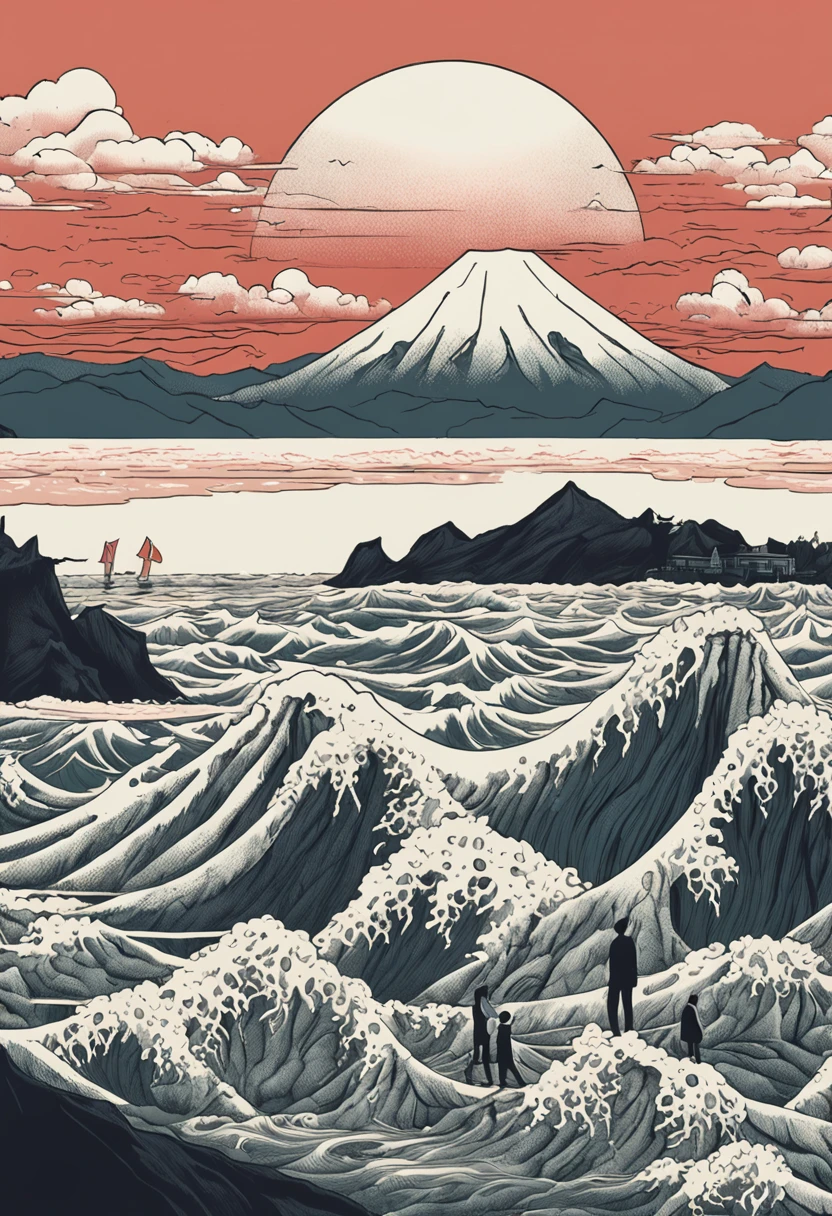 In the picture by the sea,A group of monster Japanese men in suits,Their hair is thinning and bald,The body is deformed by radiation。In the background is a magnificent mountain,And the top of this mountain,It is famous for its mountains. Fuji。Although there is a sight of a nuclear explosion behind it,These monsters carry pure white flags,They giggled,Giggling,As if he didn't care about everything around him。