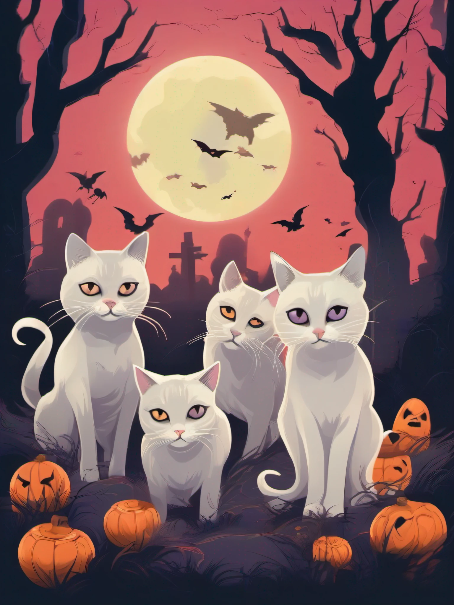 isolated vector art showcasing a pack of cats dressed as ghosts in a spooky graveyard setting. Employ a combination of vibrant colors and subtle gradients to achieve a lively yet ghostly ambiance. Illustrate the cats playfully posing and exploring their ghostly attire, no-background, in the style of 0mib