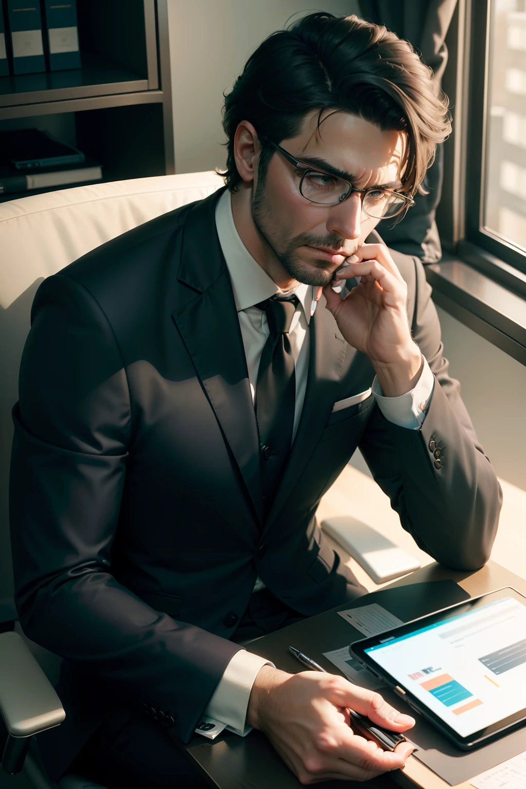 Ultra realistic European type radiant executive manager in a sharp suit, seated at a contemporary office desk, deeply engrossed in strategizing a client's marketing campaign budget on a digital tablet