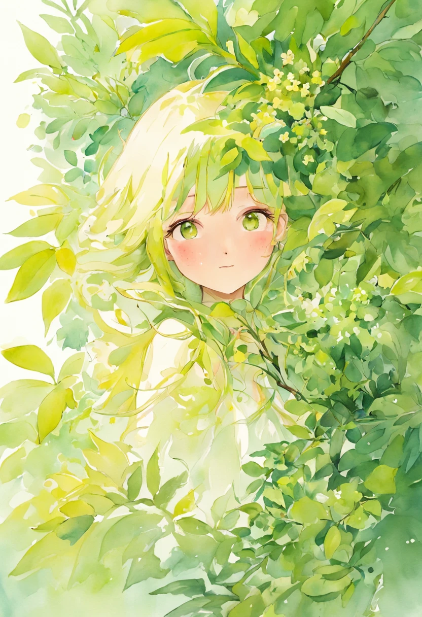 ((ultra - detailed),#3b4195 background,beautiful flowers,berries,fern,foliage,Watercolor pattern in calm colors),(Watercolor texture), ((1girll),(Green dates),(The tree),Cute and lively girl image,aquarelle:1.2),sportrait, Foliage, By bangs, long whitr hair, green-eyed, There is hair between the eyes, Flower earrings,(She wears a garland made of jujube branches on her head),Laughing happily in the trees,Close-up of people,super-fine,(hyper-detailing)